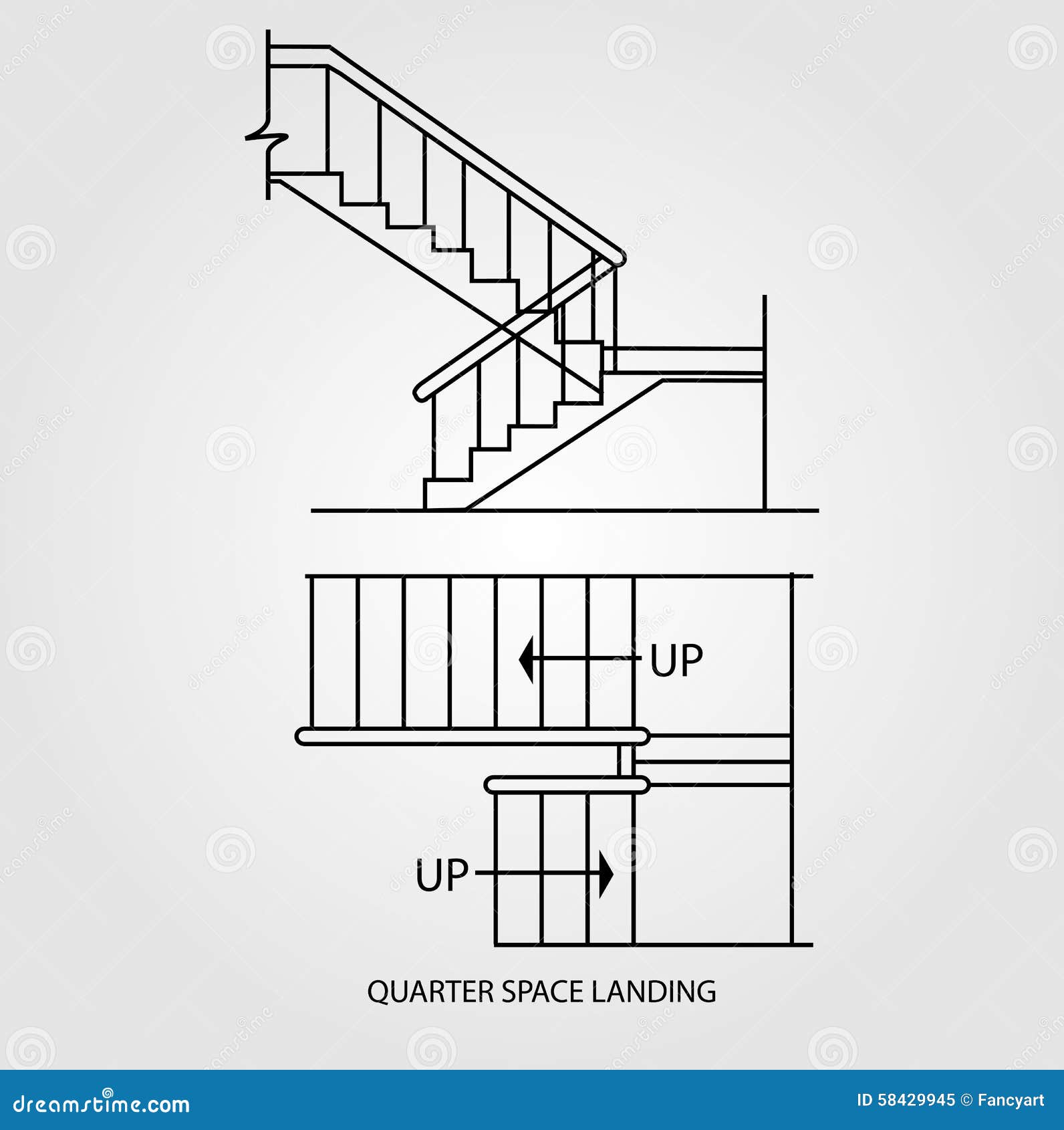 Top view and front view of a quarter space landing stair