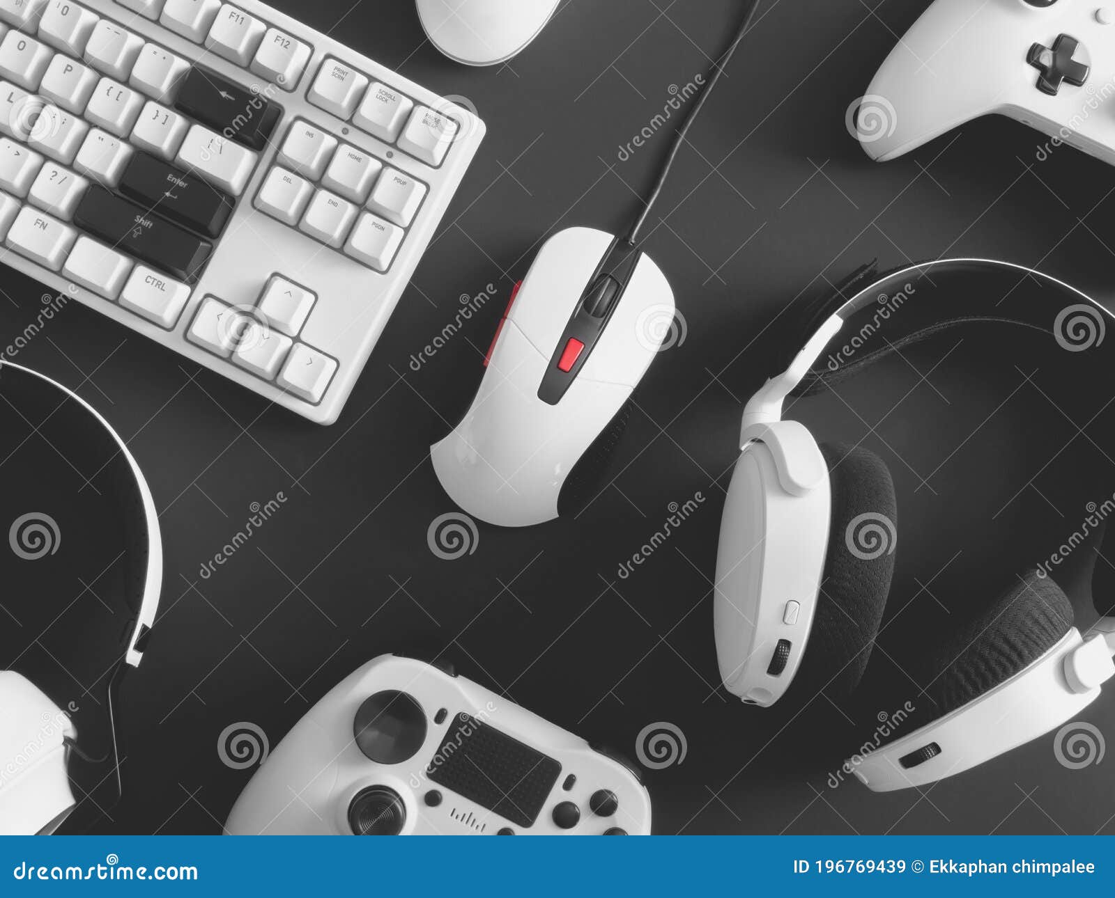 Top View a Gaming Gear, Mouse, Keyboard, Joystick and Headset. Stock