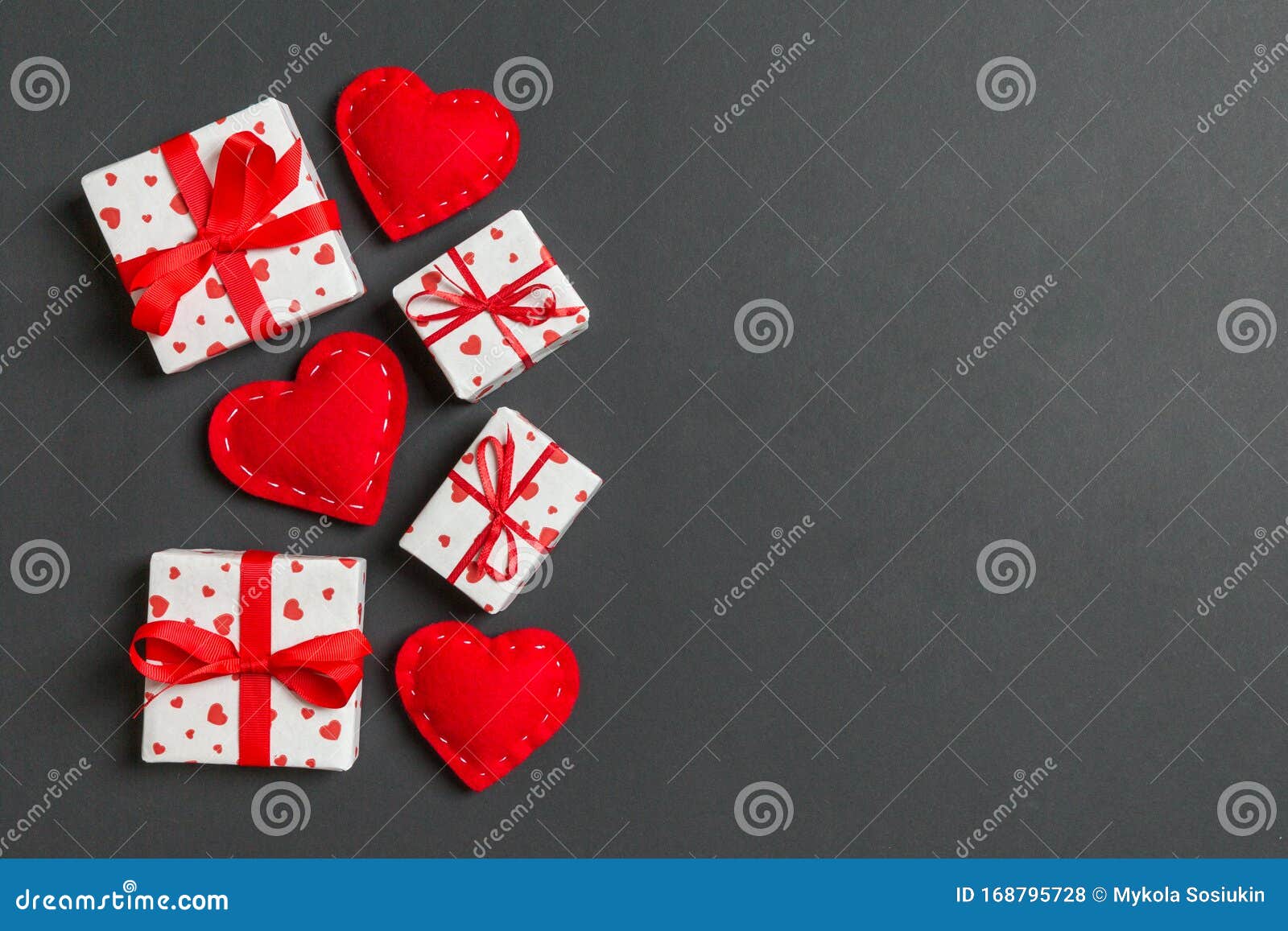 Top View of Gift Boxes and Red Textile Hearts on Colorful Background ...