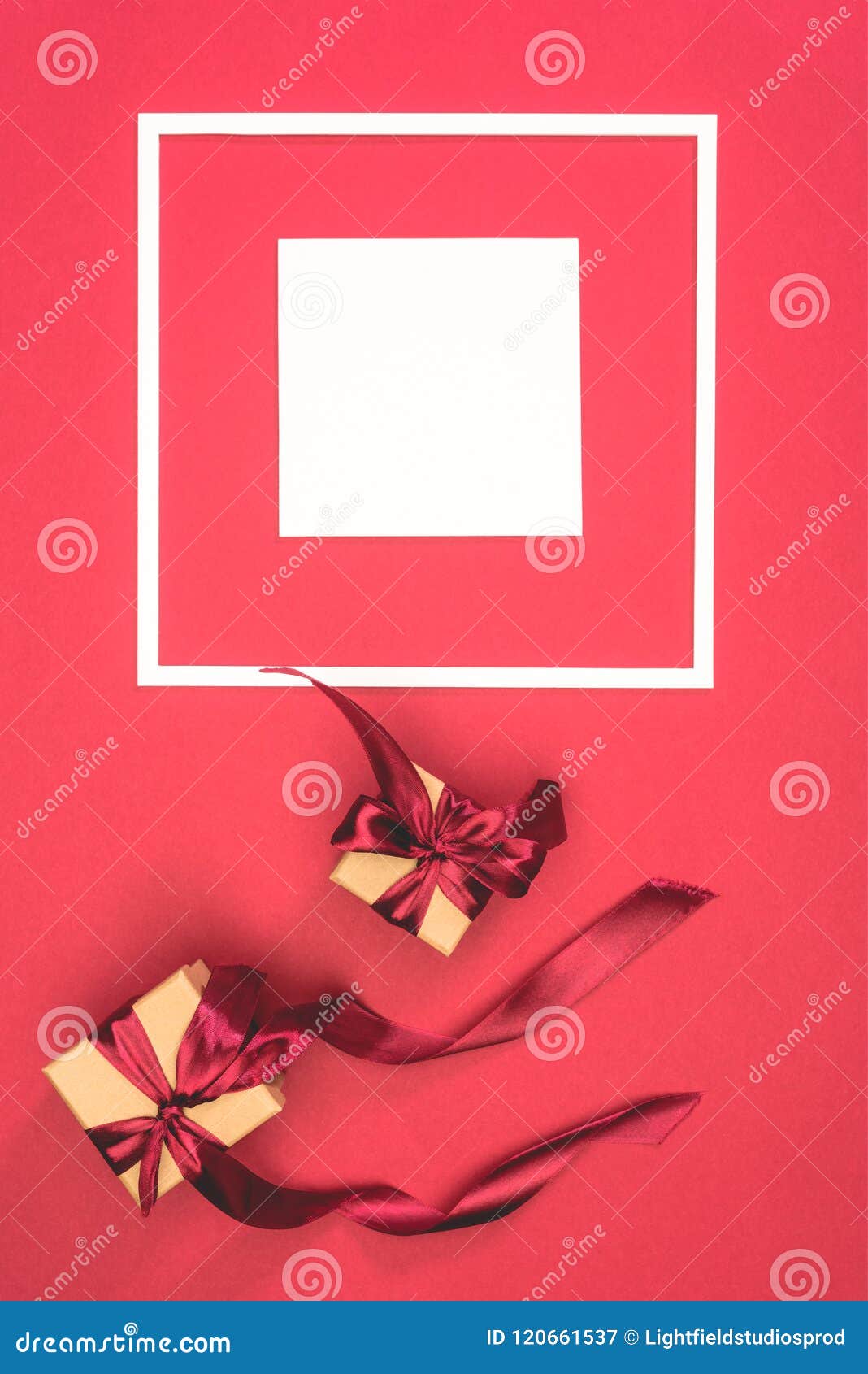 Top View of Gift Boxes with Ribbons and Frame with Cube Stock Image