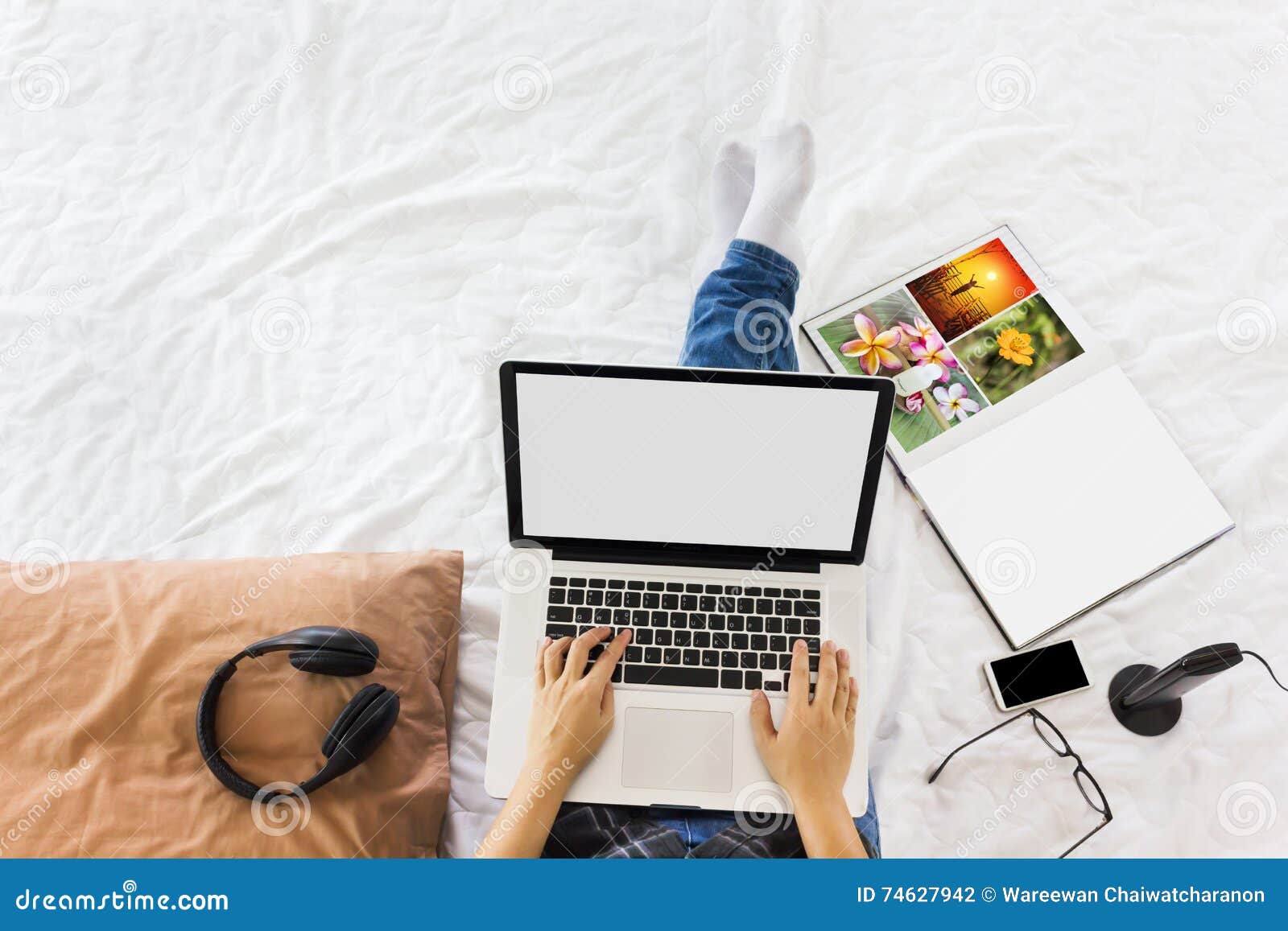 Top View Girl Sitting on Bed Surfing Internet or Working on Laptop ...