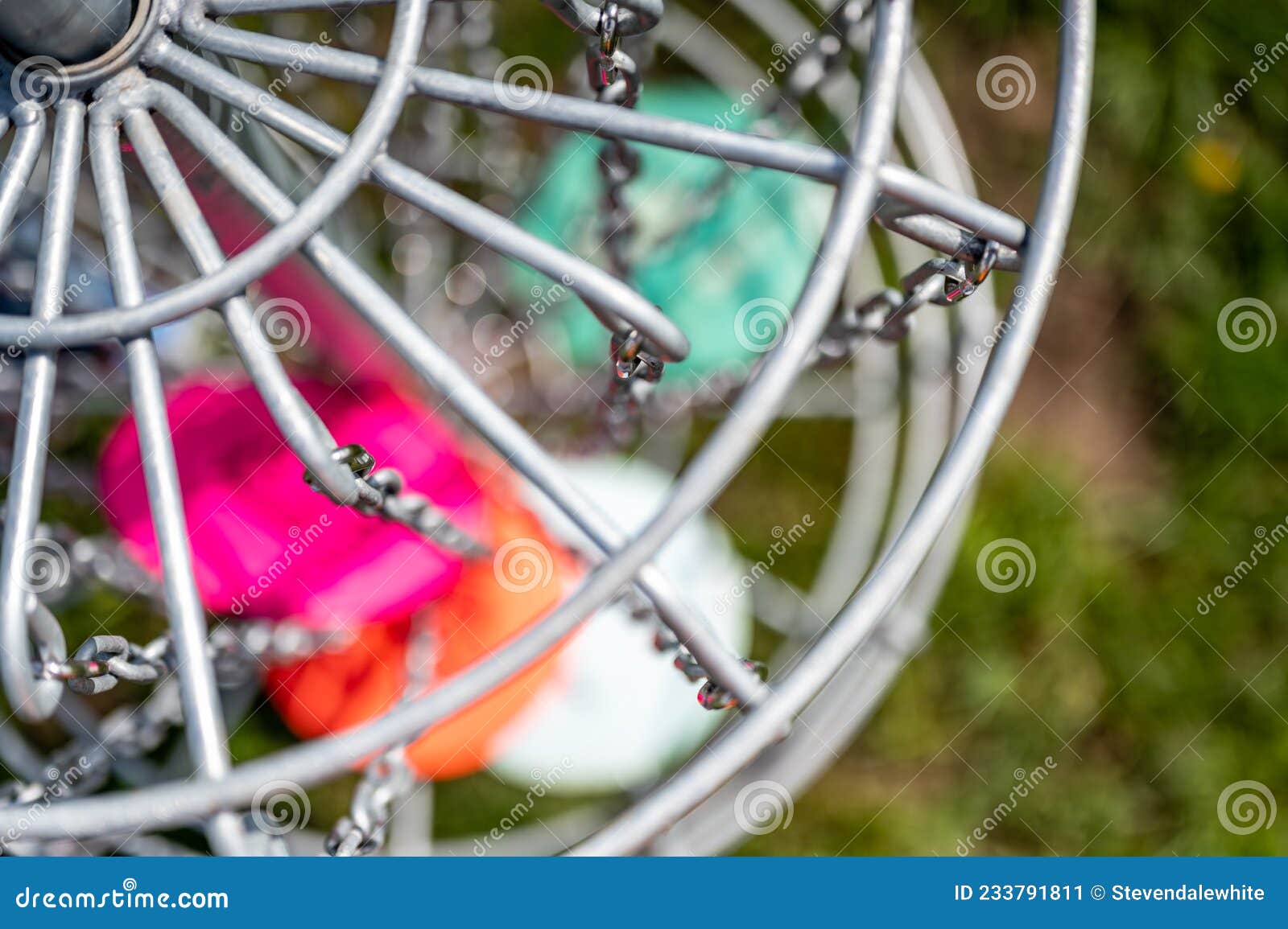Top View of a Golf Basket Chains with Discs Blurred Below Stock Image