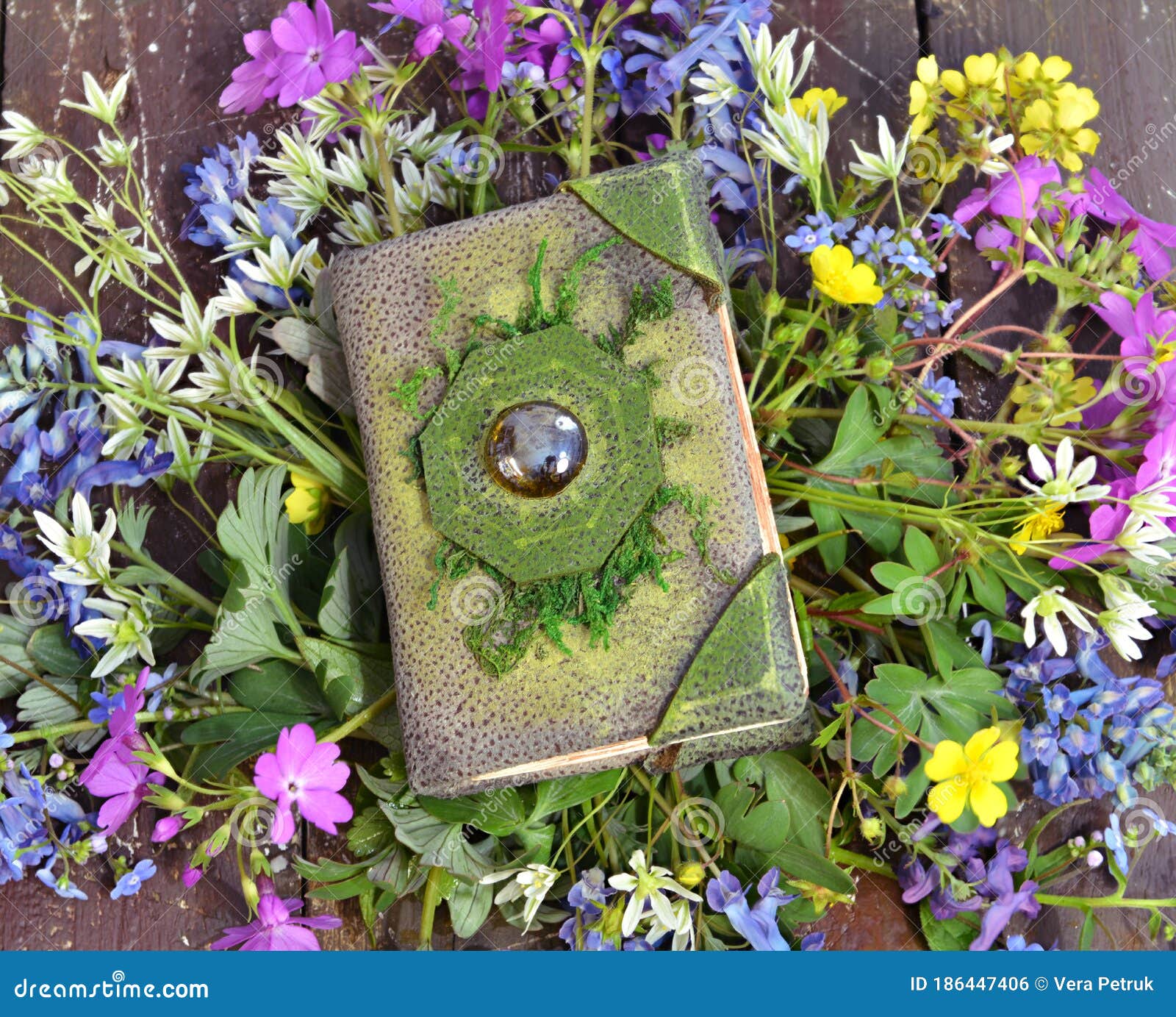 Top View of Green Witch Book on Wildflowers Stock Photo - Image of planks,  adorable: 186447406