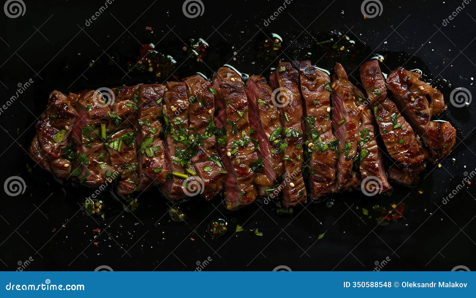 top view of grilled arrachera steak garnished on black background with copy space