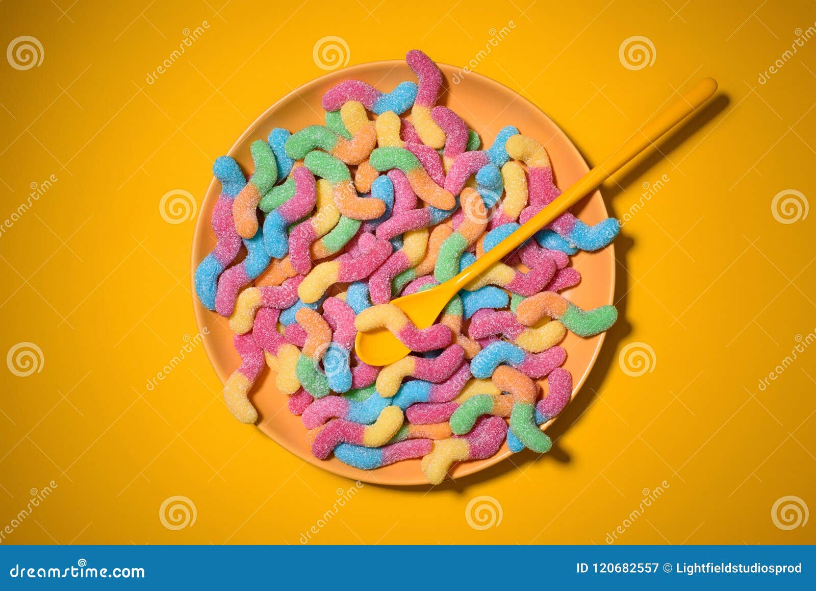 Top View of Gummy Worms with Spoon on Plate Stock Image Image of yummy, unhealthy 120682557