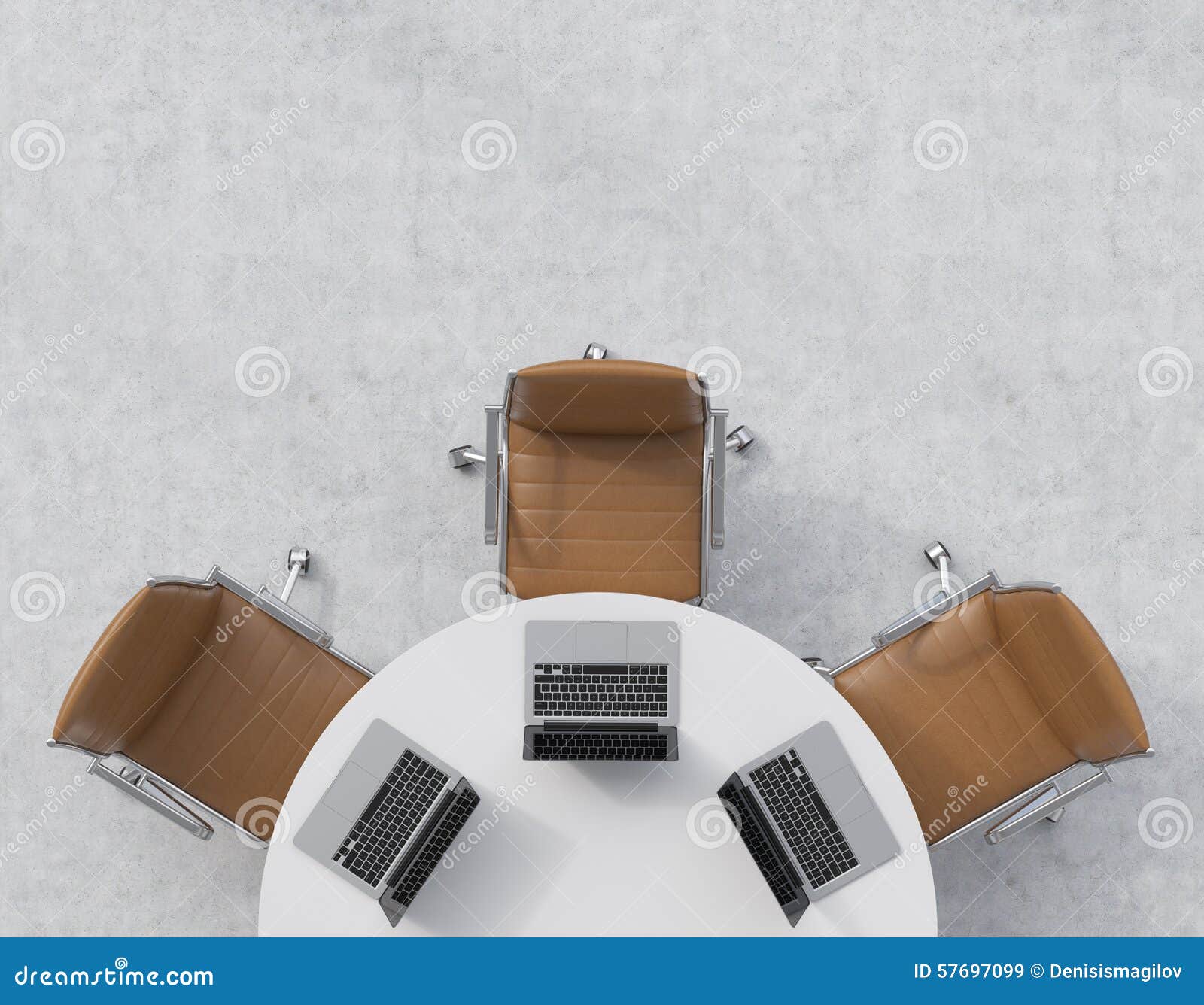 Top View Of A Conference Room. A White Round Table, Six Chairs. Six