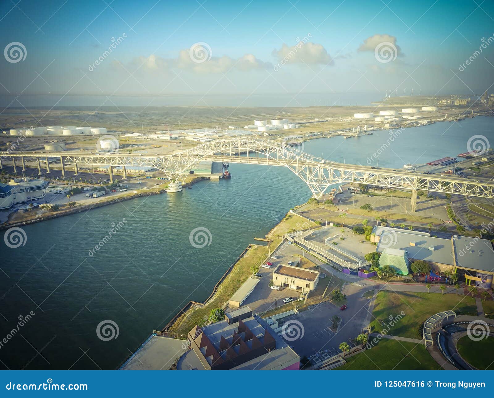 Top View Harbor Bridge And Gasoline Tanks Near Port Of Corpus Ch