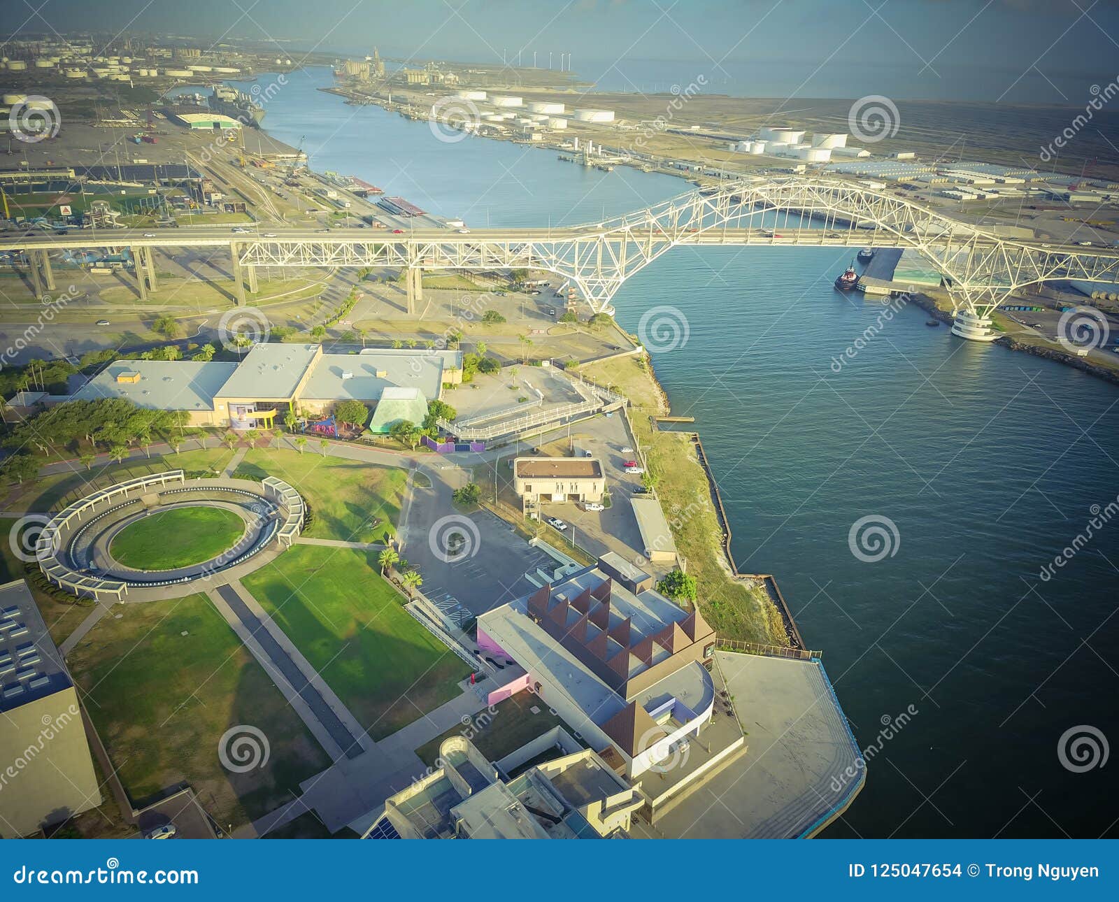 Top View Harbor Bridge And Gasoline Tanks Near Port Of Corpus Ch