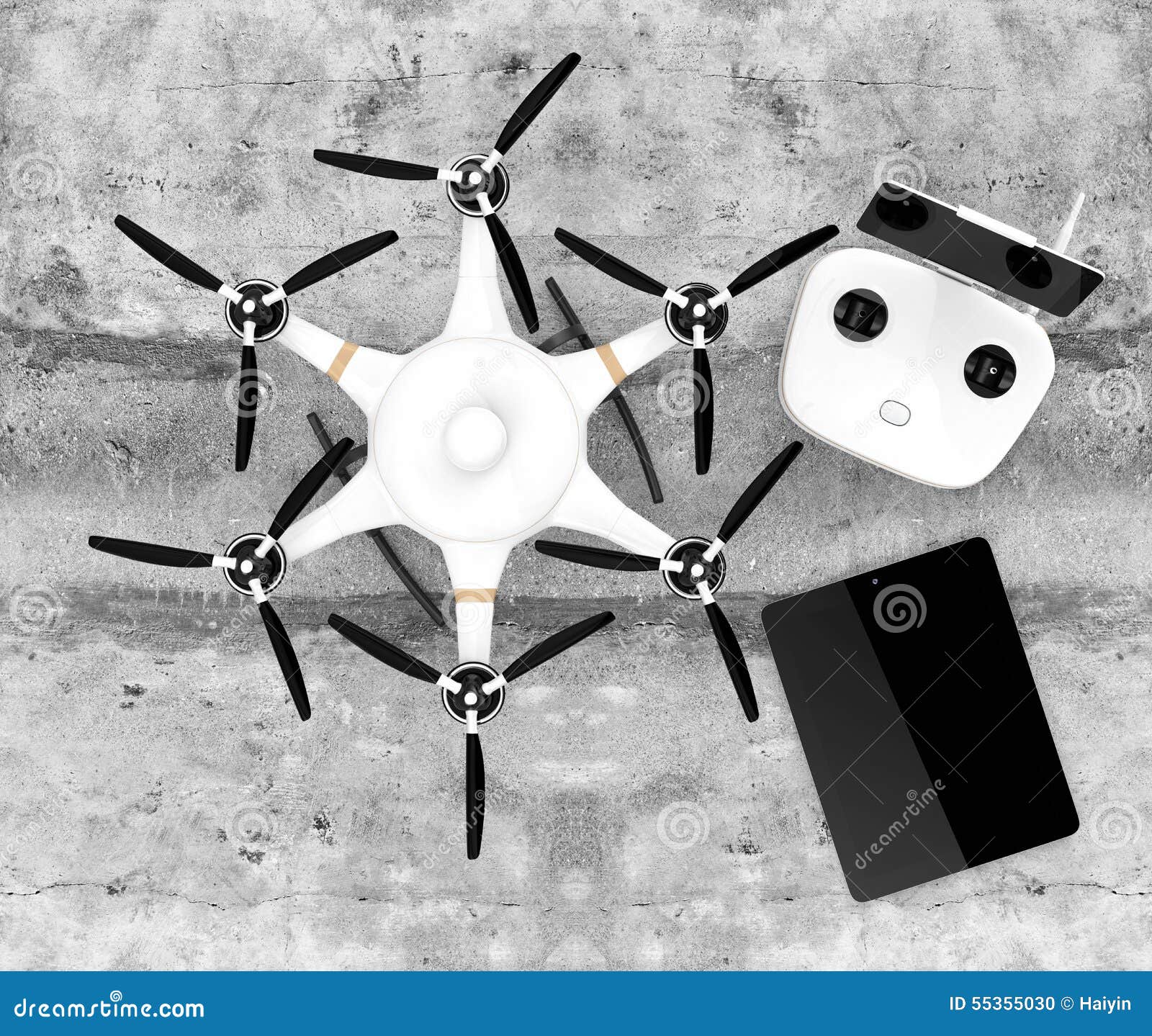 top view of hexacopter, remote controller and tablet pc.