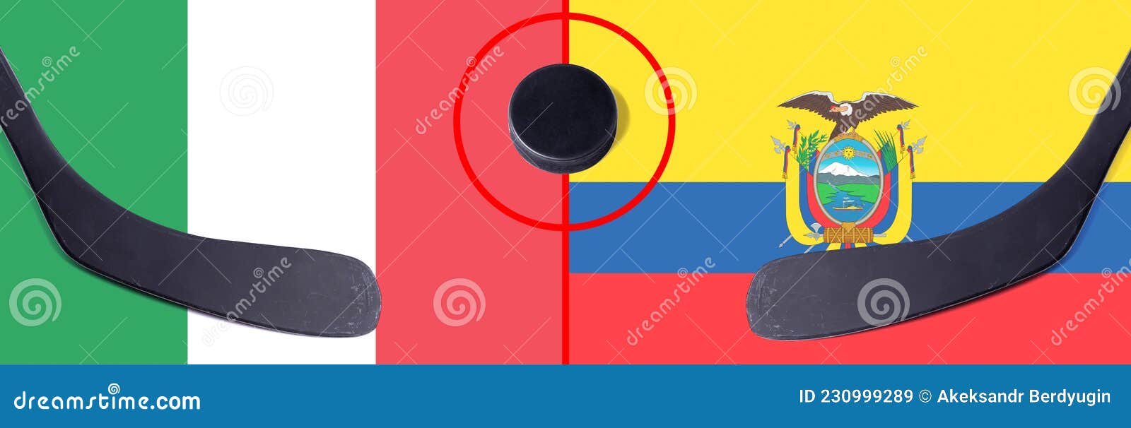 Top View Hockey Puck with Italy Vs. Ecuador Command with the Sticks on