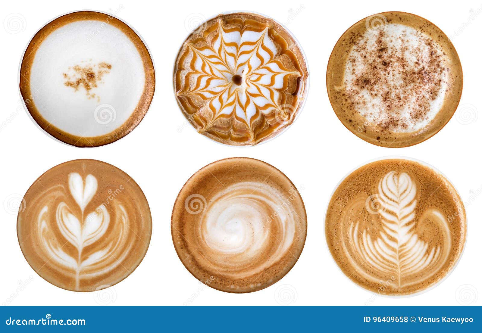 top view of hot coffee cappuccino latte art foam set  on white background.