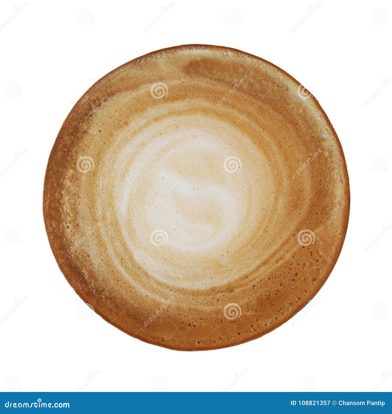 top view of hot coffee cappuccino with spiral milk foam or stirred coffee texture  on white background, clipping path inc