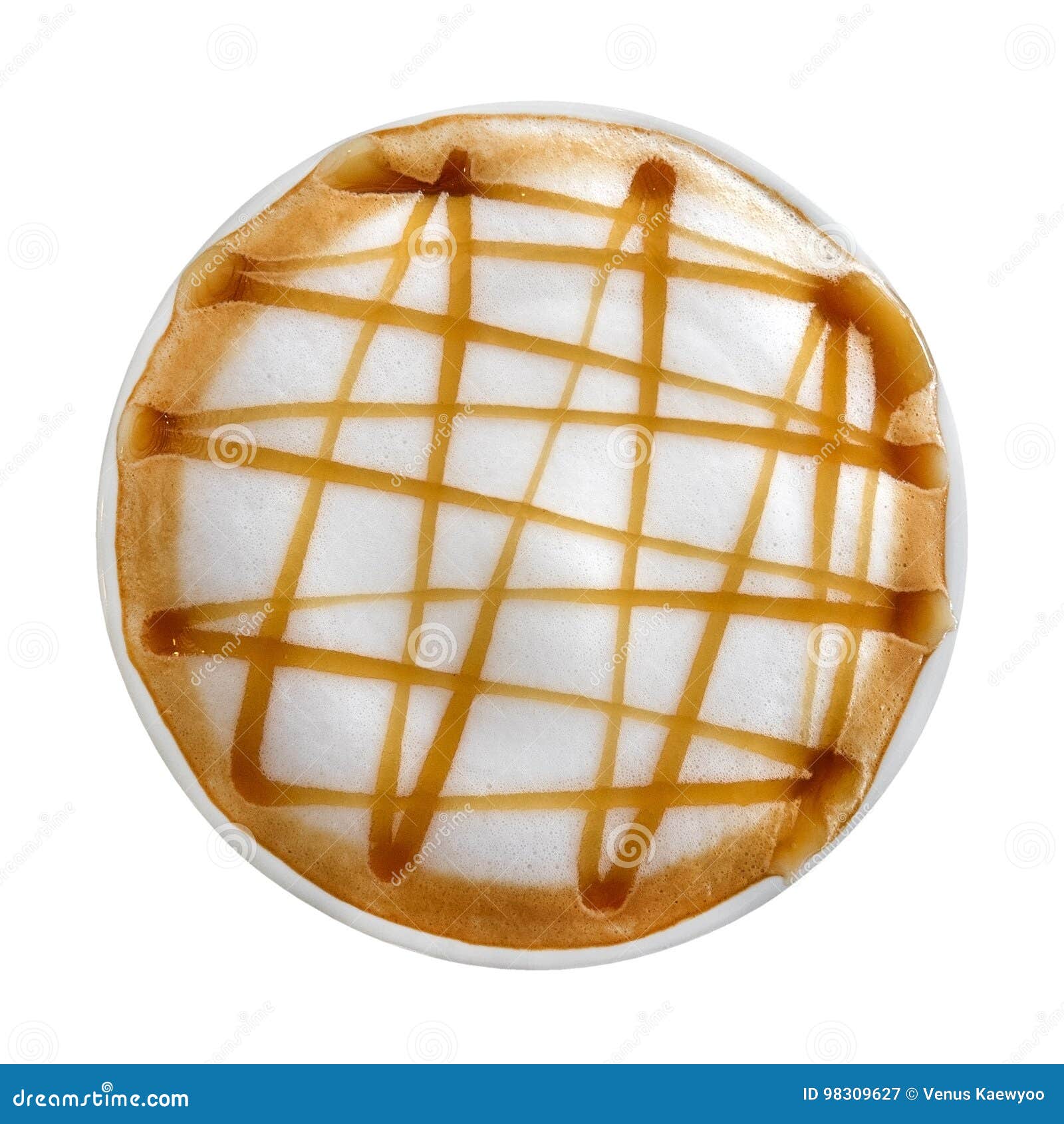 top view of hot coffee latte art caramel macchiato  on white background, path