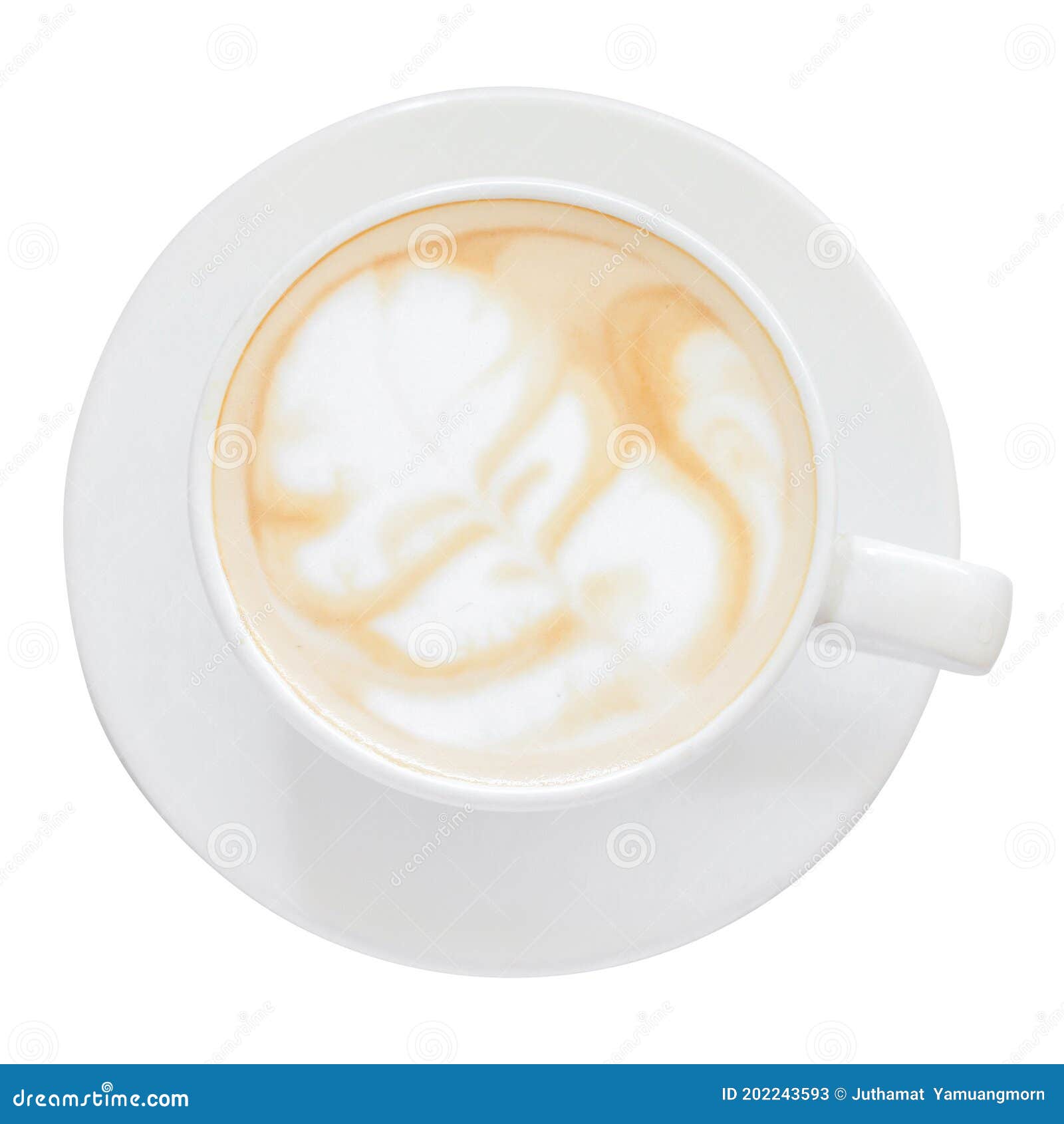 Top View. Hot Coffee Latte Art on Cup Isolated White Background Stock