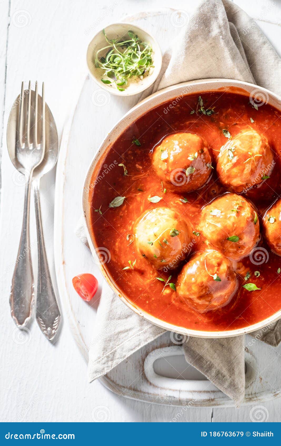 Top View of Hot Meatballs with Fresh Herbs and Tomatoes Stock Image Image of food, homemade