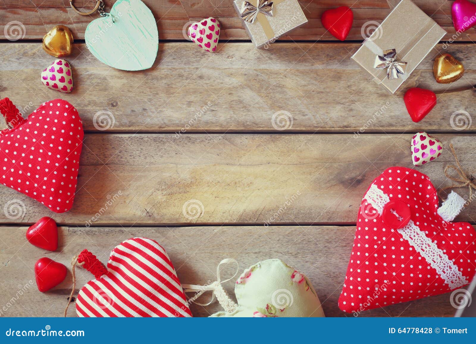 Top View Image of Colorful Heart Shape Chocolates, Fabric Hearts and ...