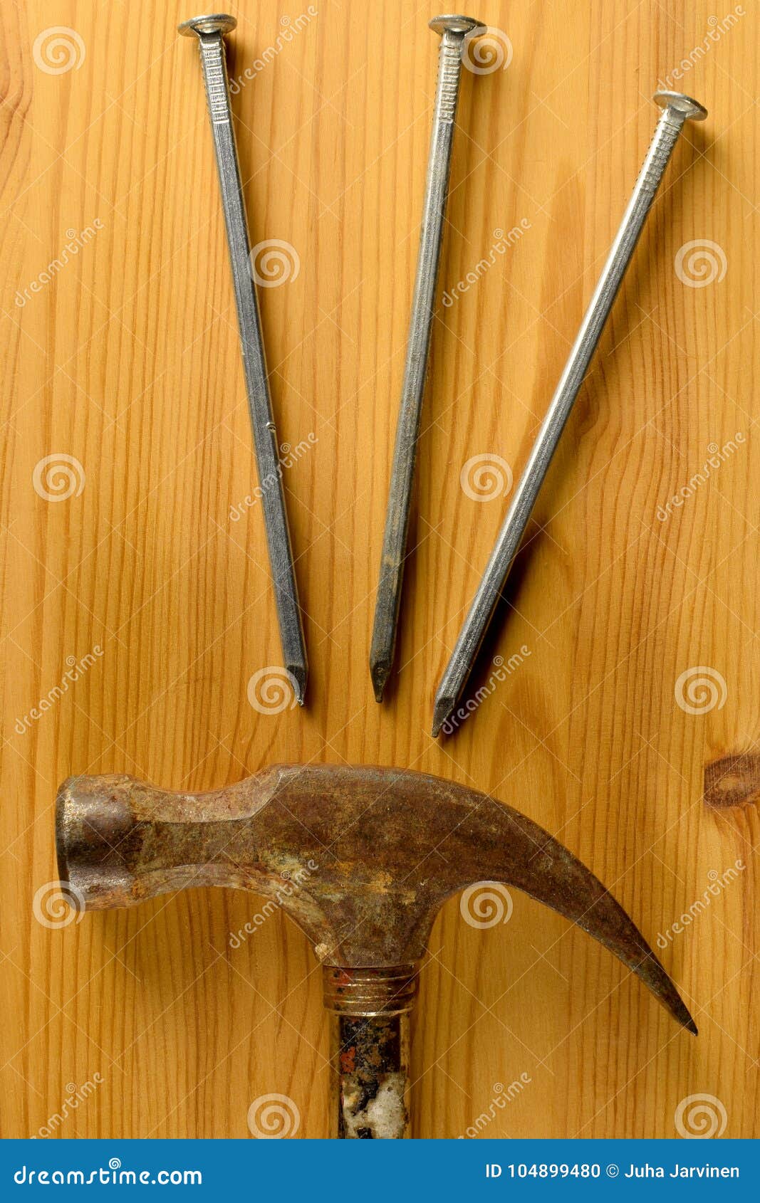 Top View Image of Hammer and Three Nails Stock Photo Image of equipment, steel 104899480