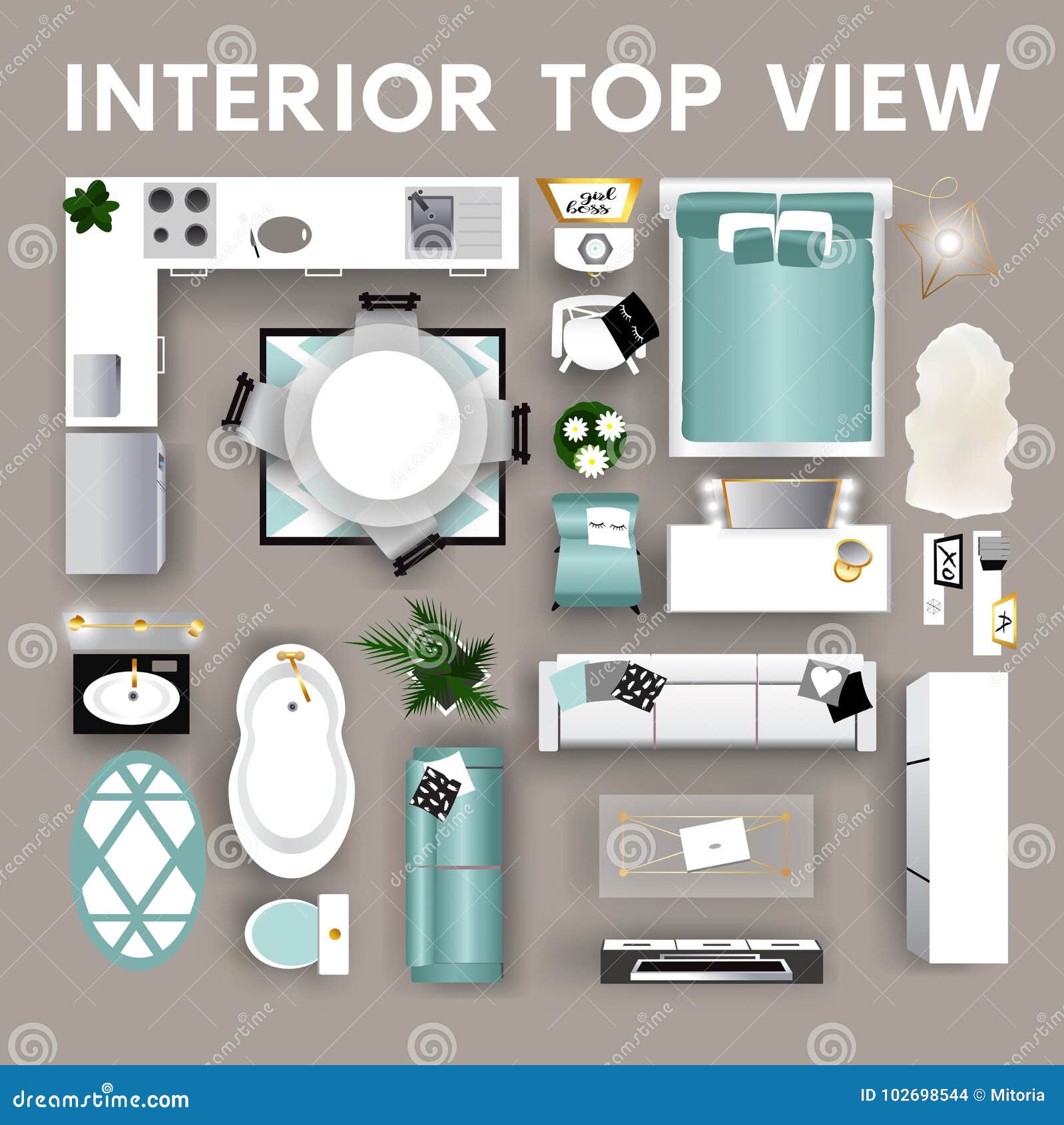 Set Of Interior Top View Icons. Isolated Home Furniture 