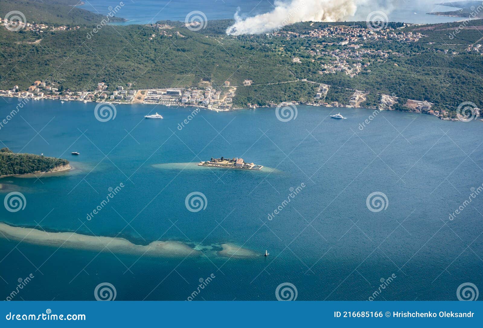 top view of island gospa od milo otok monastery of the jesuits order and the church of the blessed virgin mary, gulf of tivat,