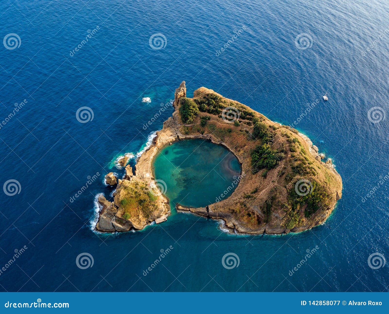 top view of islet of vila franca do campo is formed by the crater of an old underwater volcano near san miguel island, azores, por