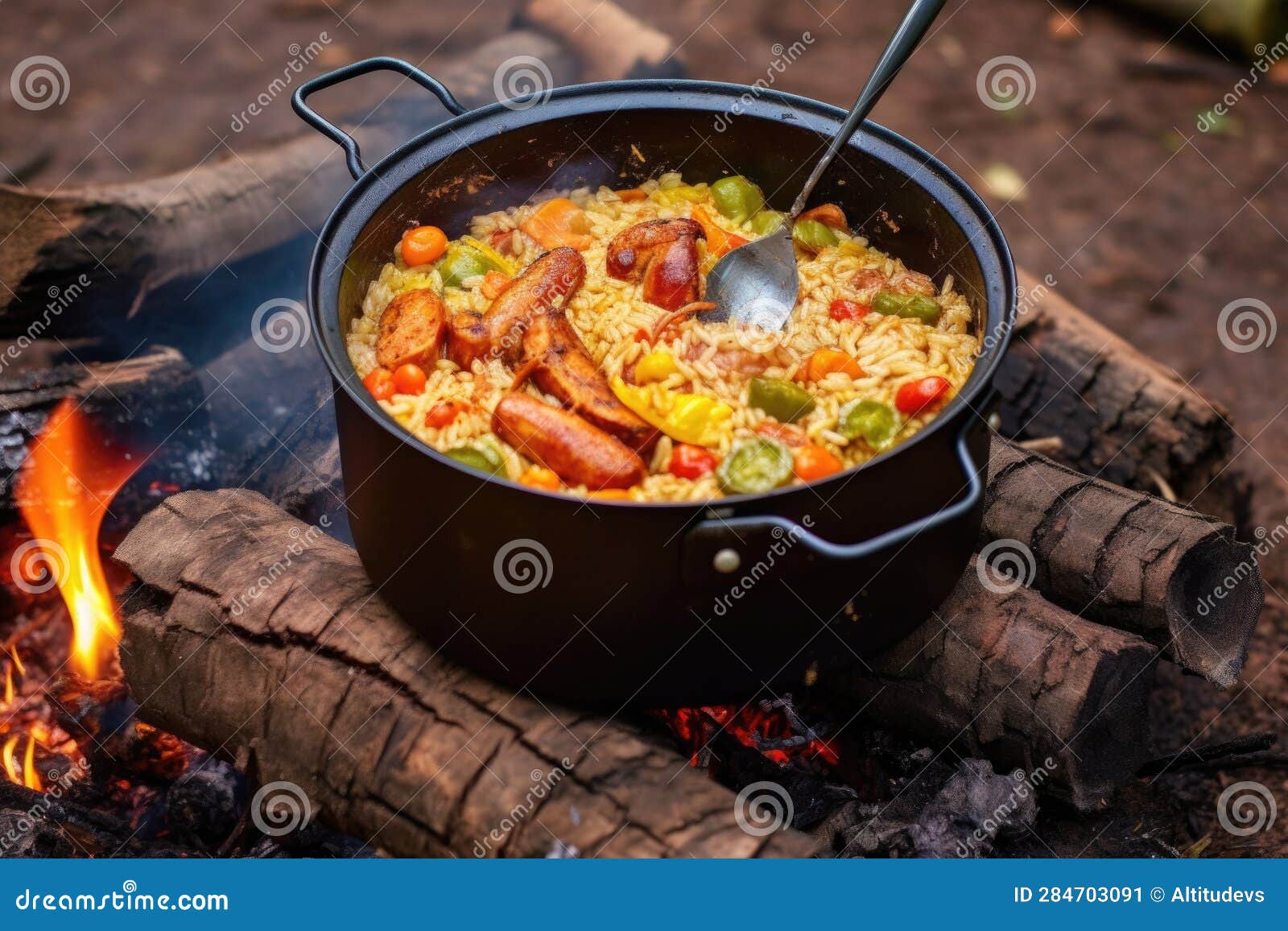 Top View of Jambalaya in Pot Next To Campfire Stock Image Image of