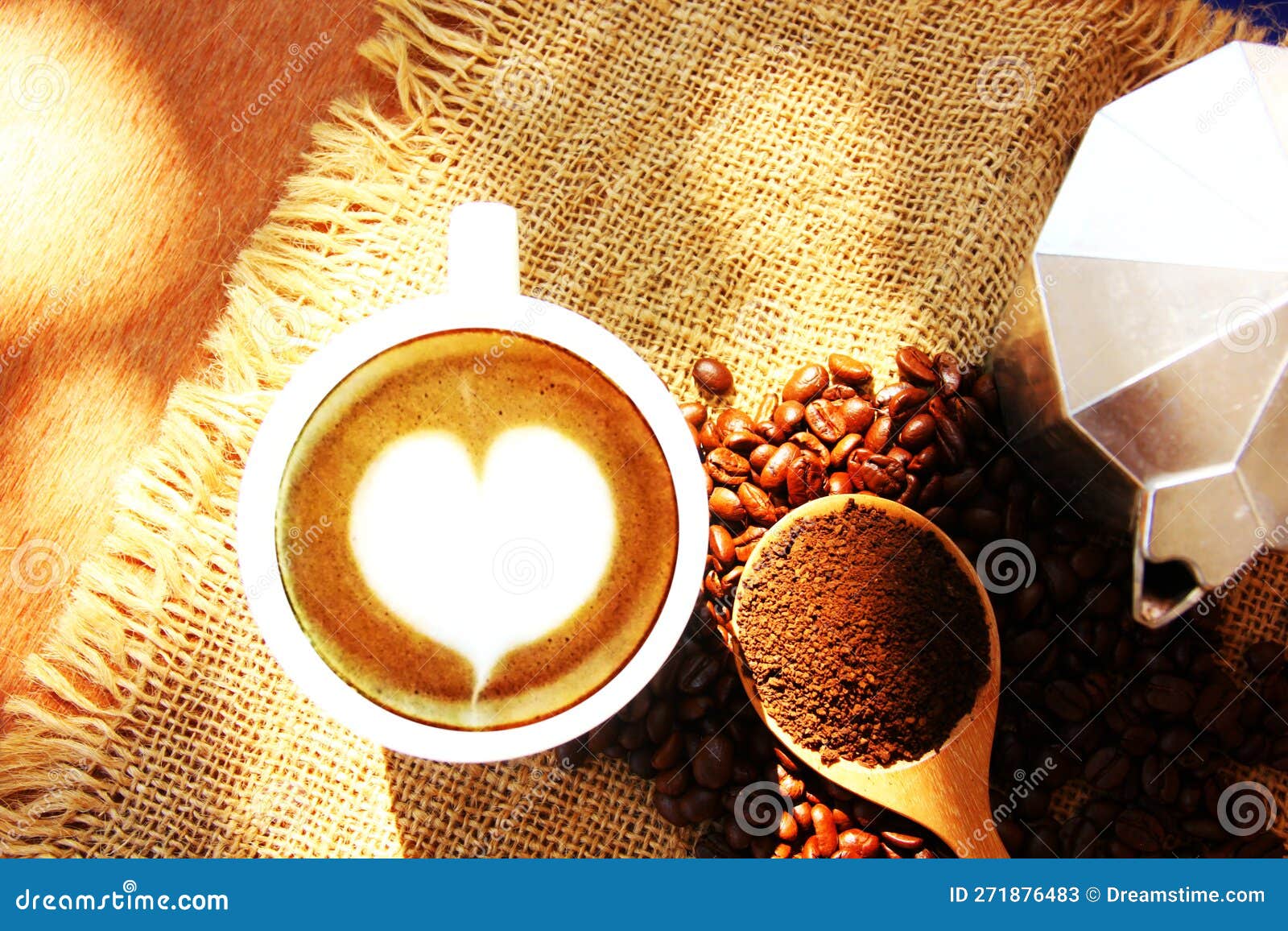Top View Latte Coffee Raw Material Coffee Bean Ground Coffee and Pot on