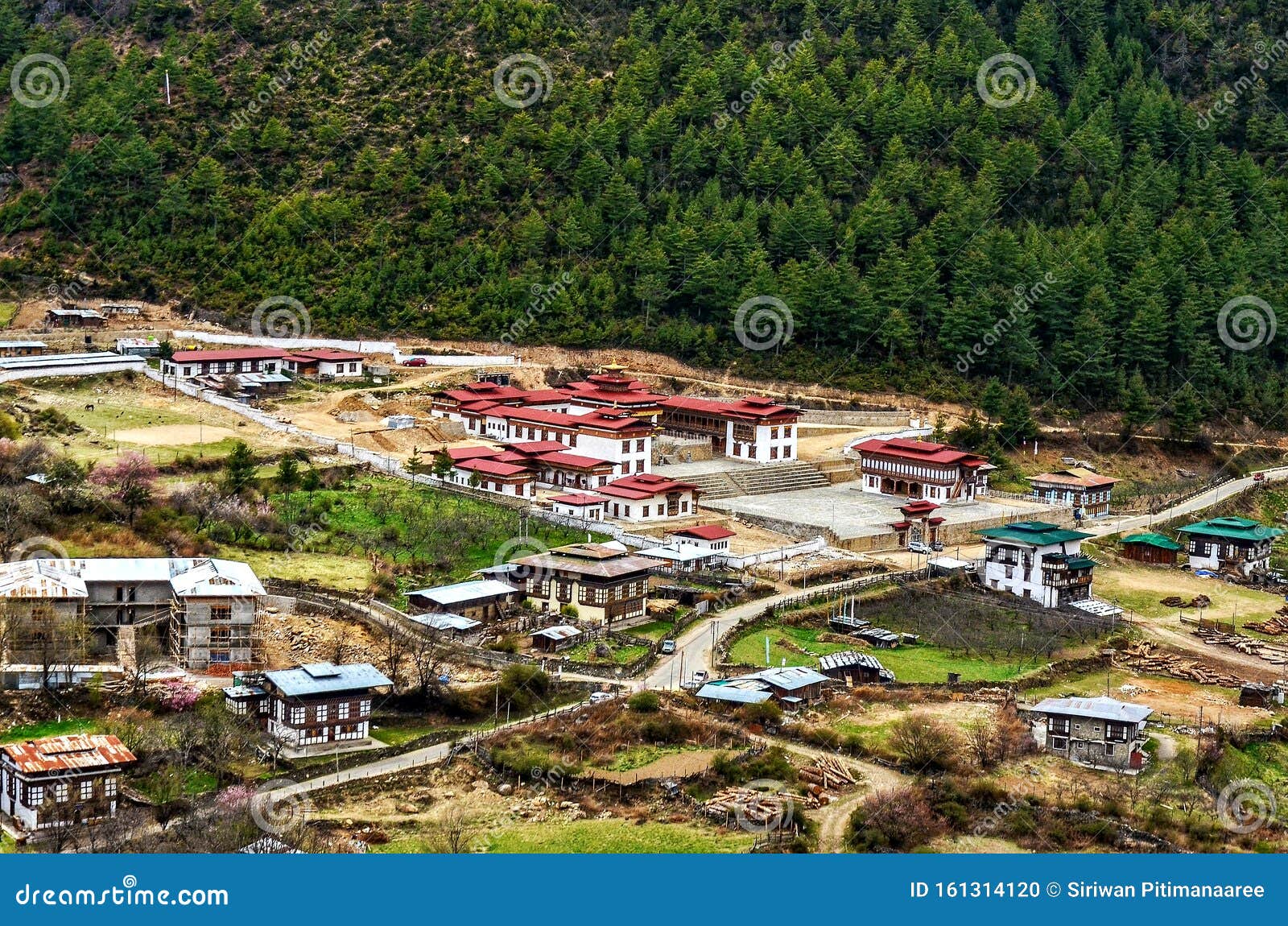 top view lhakang karbo & x28;white temple& x29; and haa valley , paro ,bhutan