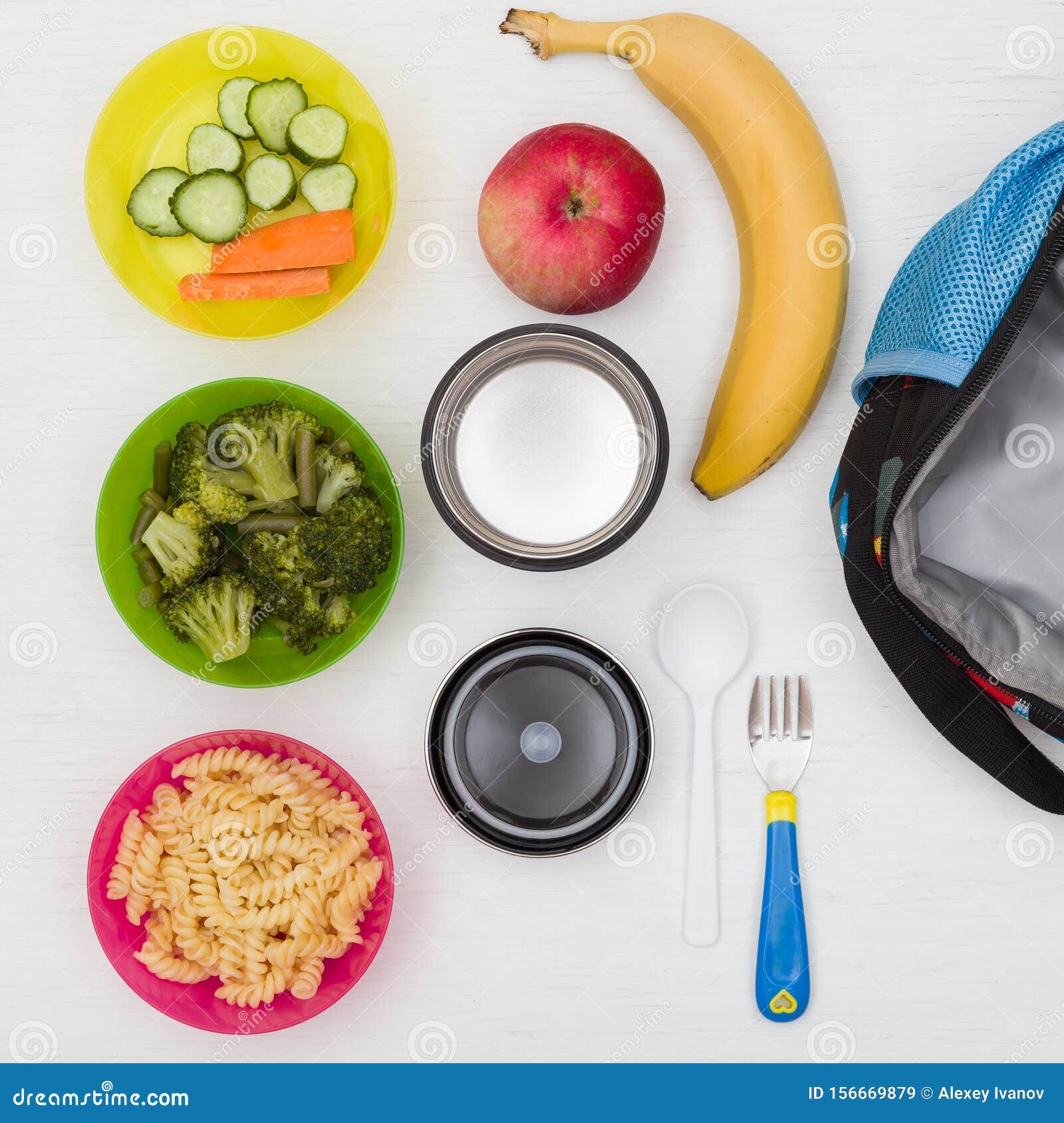 Top View on Lunch Box, Thermos and Healthy Food Options for School