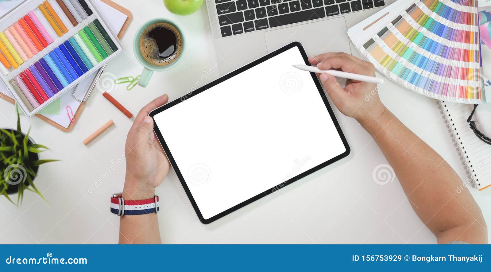 Top View Of Male Graphic Designer Drawing On Blank Screen Tablet