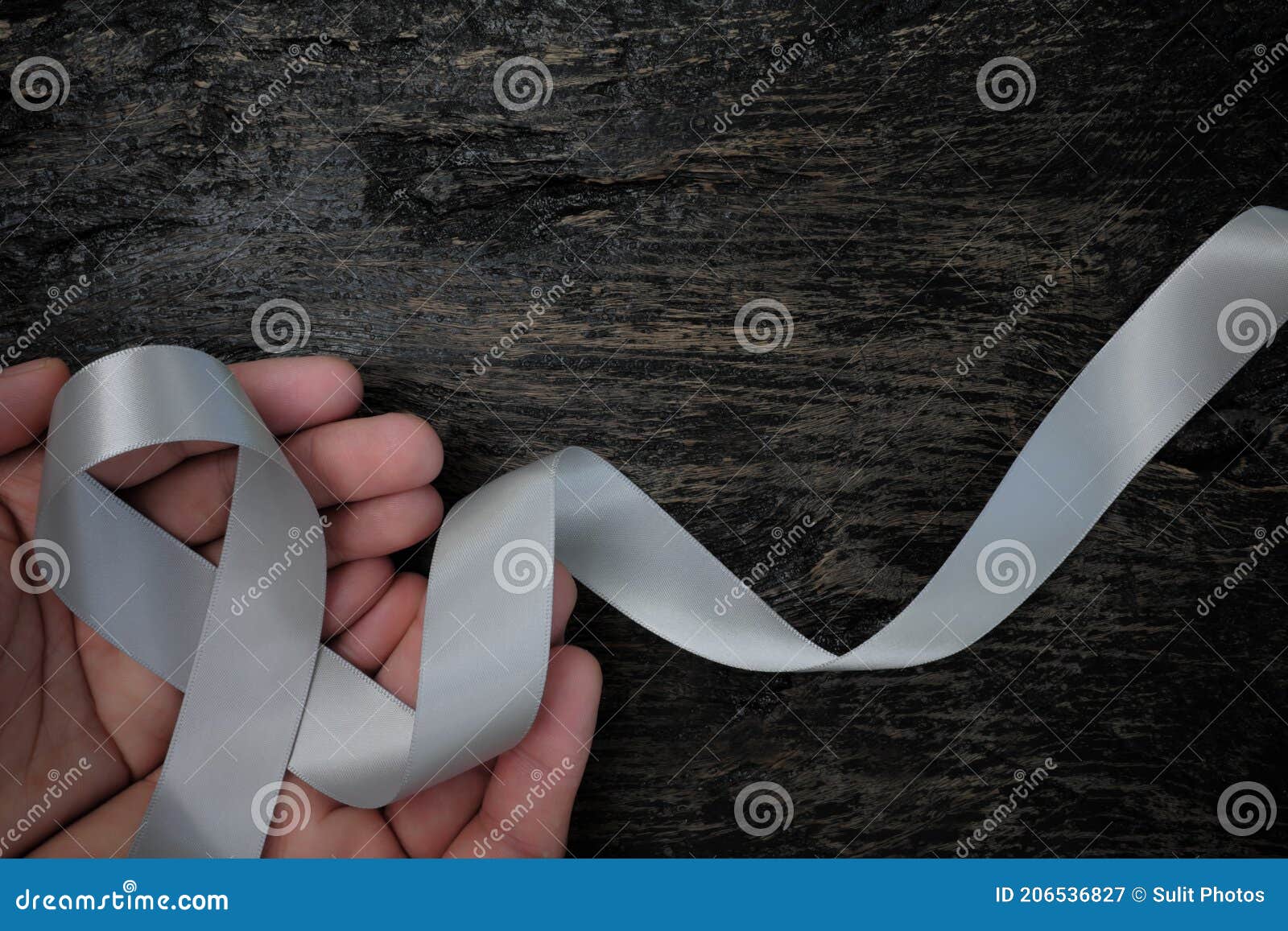 top view of male hands holding gray ribbon on dark wood background with copy space. brain cancer tumor awareness concept.