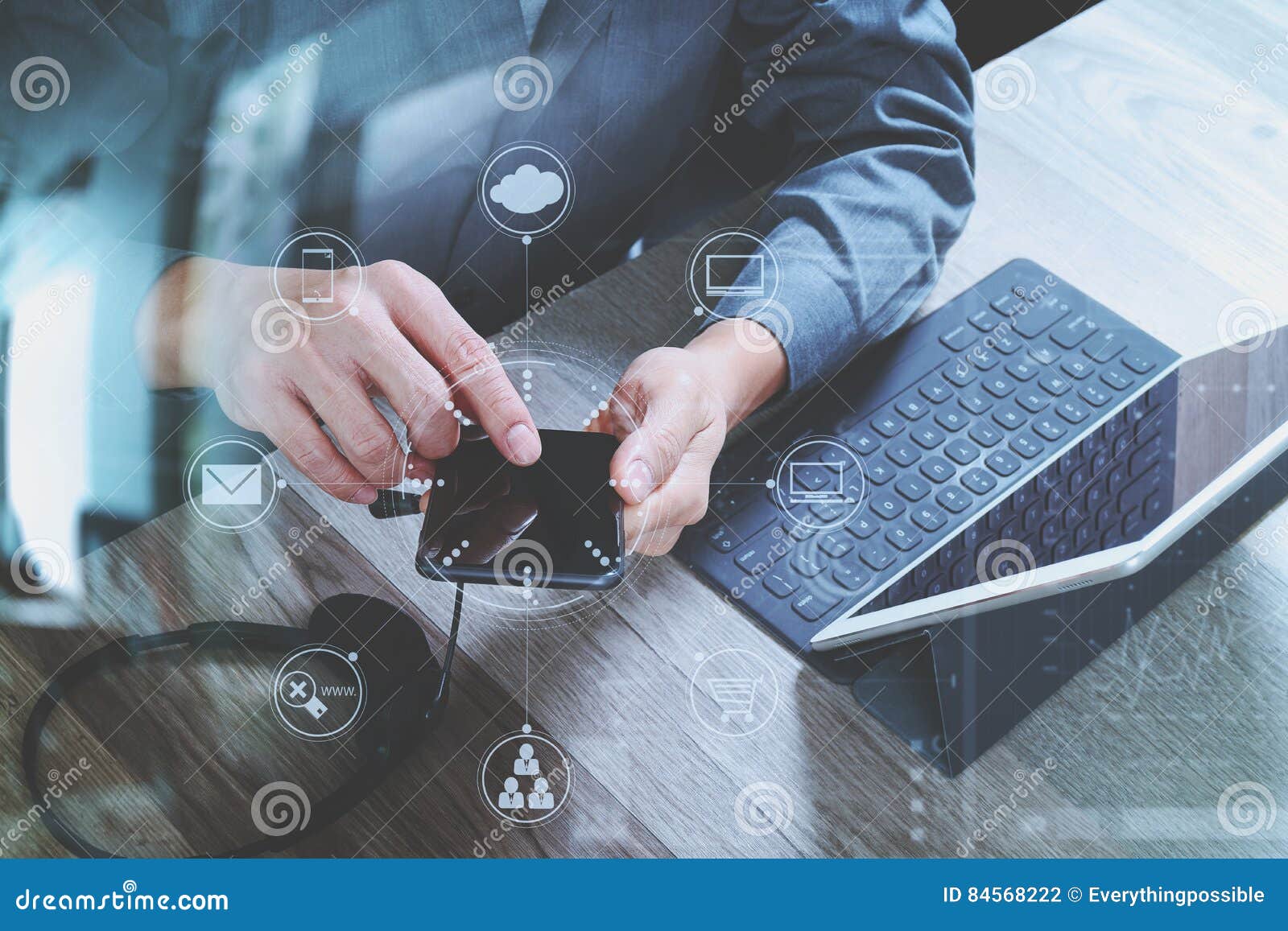 top view of man hand using voip headset with digital tablet comp