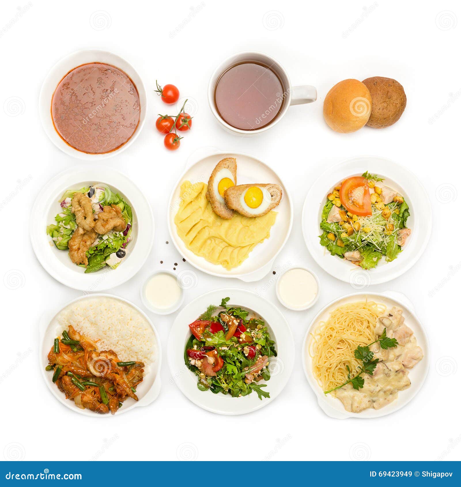 top view of many plates with food
