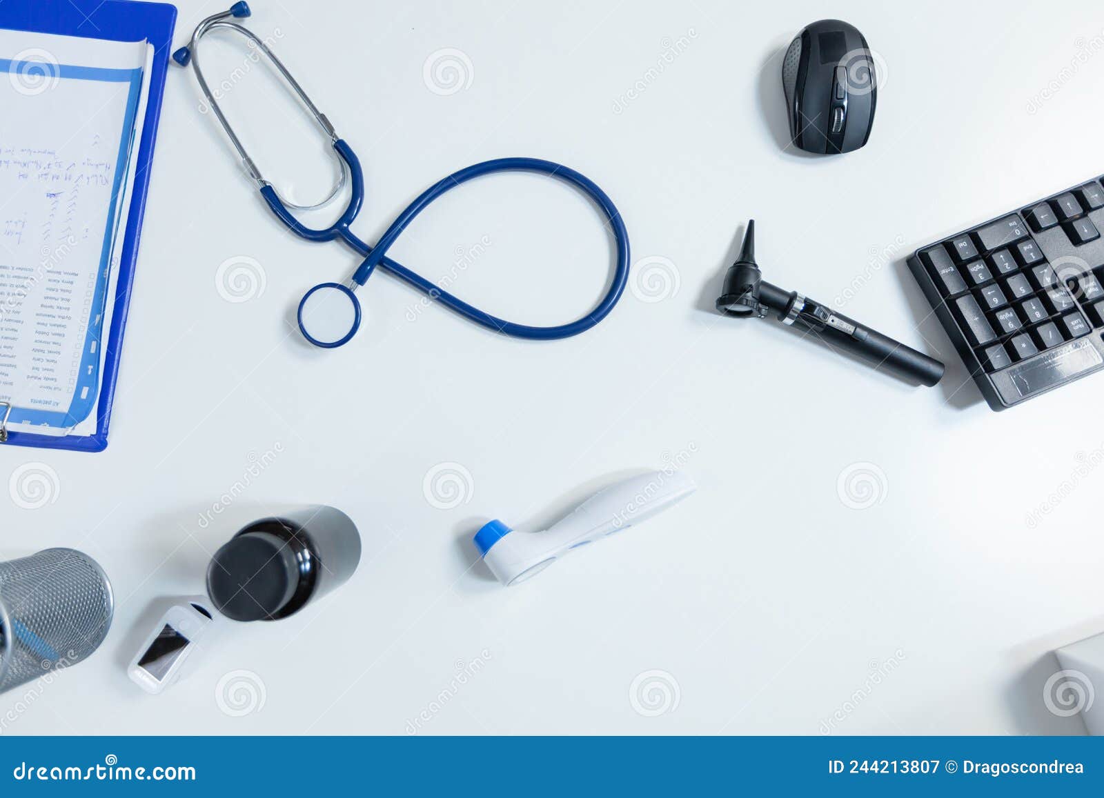 Top View of Medical Examination Tools Standing on Table Stock Image