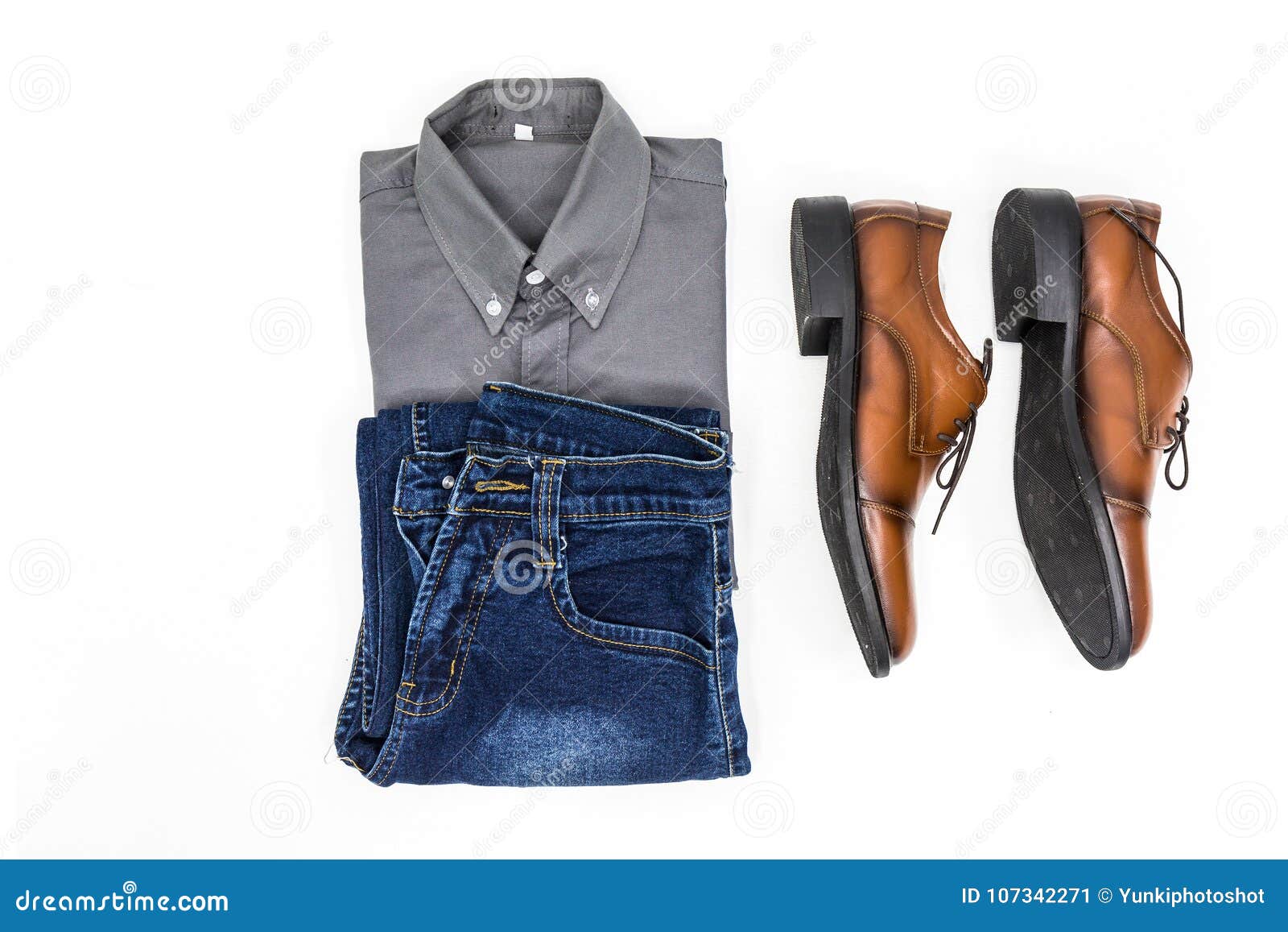 Top View Men Apparel, Grey Shirt, Blue Jean, Leather Shoes Brown Stock  Image - Image of accessory, denim: 107342271