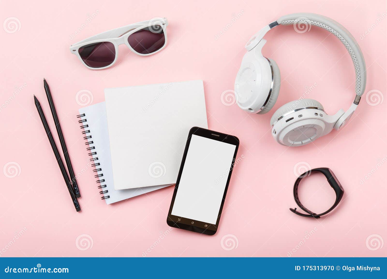 Download Top View Mock Up Phone, Headphones And Glasses On Pink ...