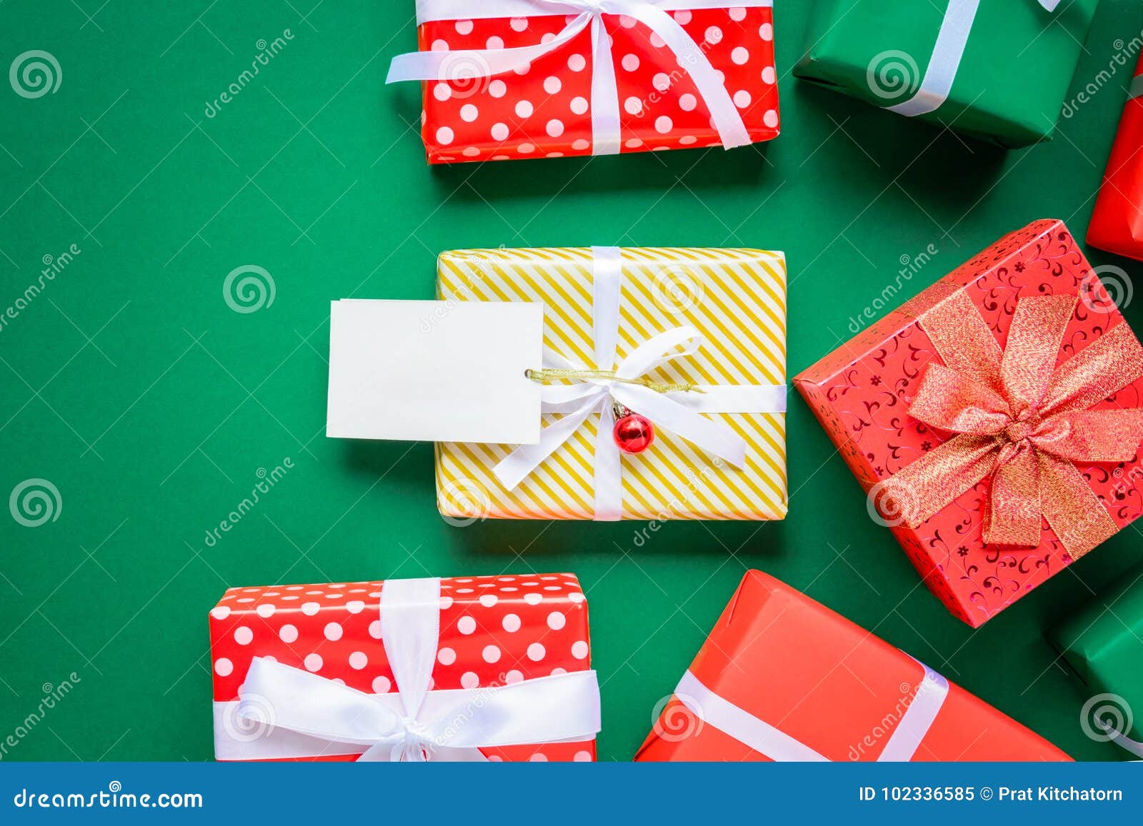 Download Top View Mock Up White Text Label And Gift Boxes On The Green Ta Stock Image - Image of message ...