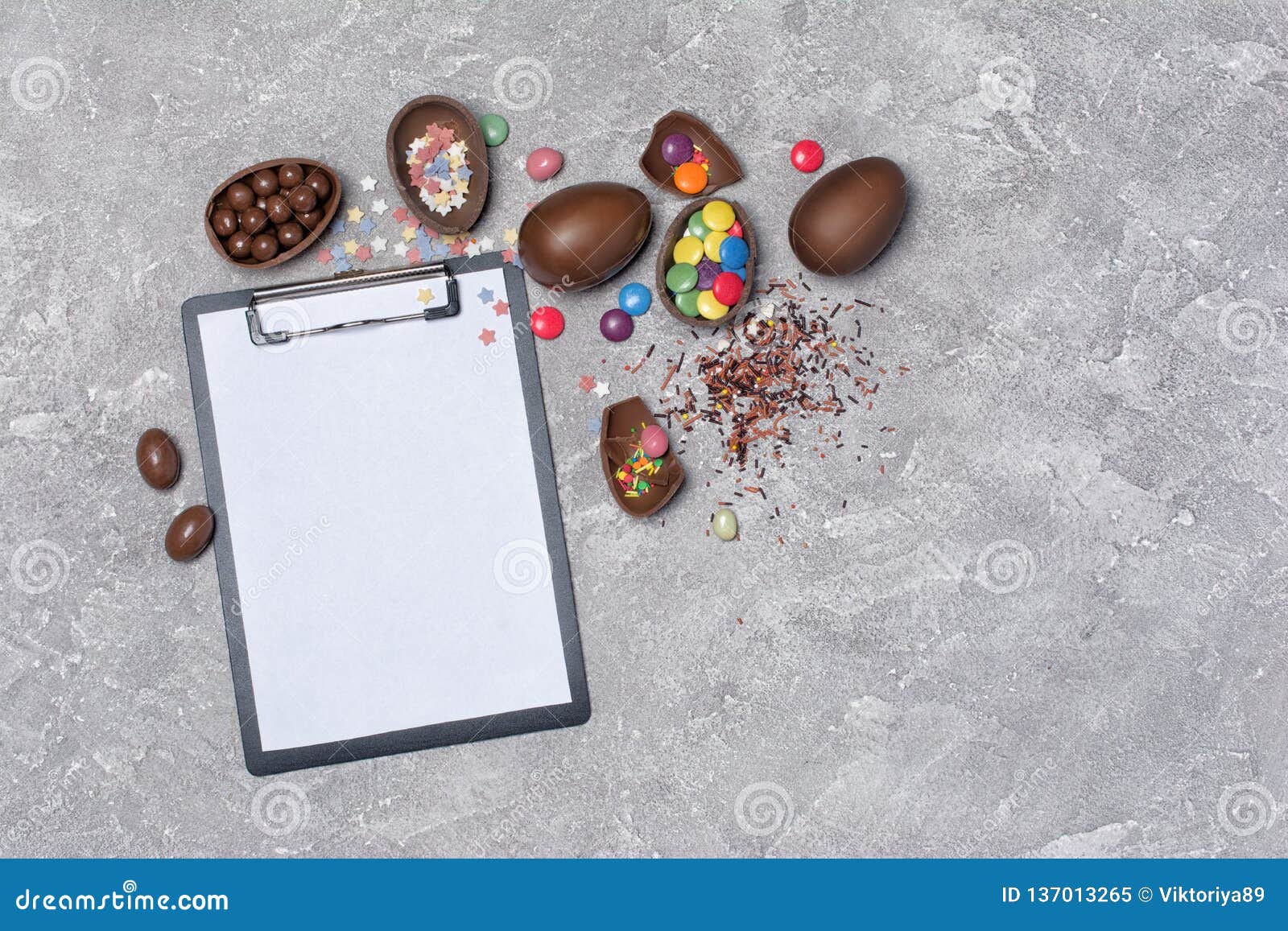 Download Mock Up Of Clipboard And Chocolate Traditional Easter Eggs With Bright Colorful Dragee Stock ...