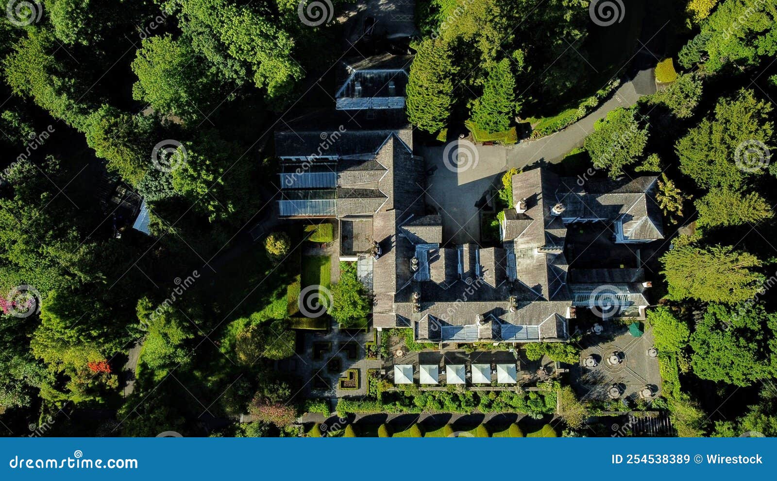 Top View of Modern Buildings Surrounded by Trees in Cumbria, UK Stock