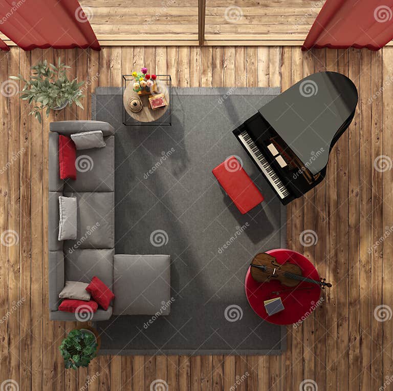 Top View of a Modern Living Room with Grand Piano Stock Illustration