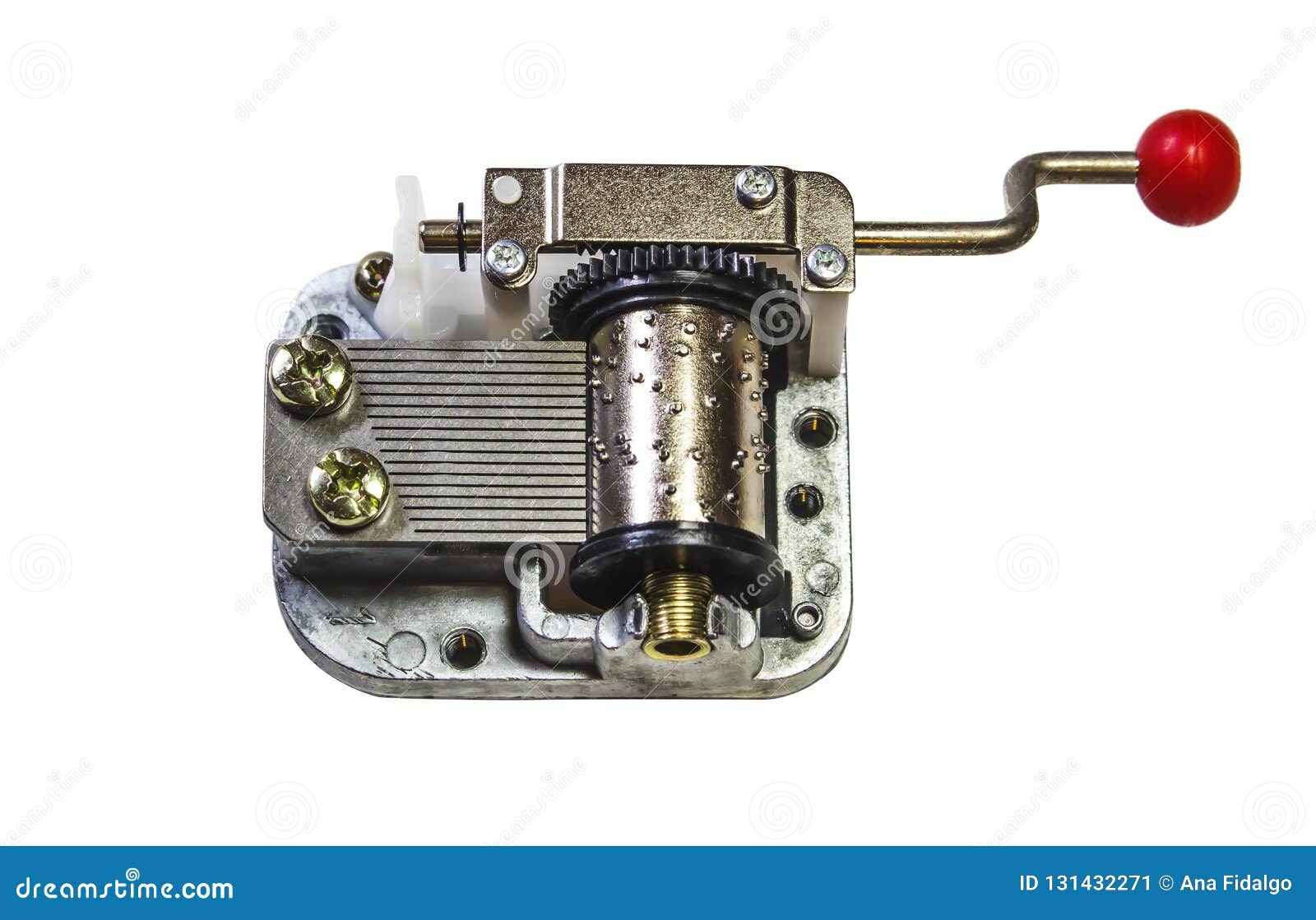 Top View of Music Box Mechanism on White Background. Macro of the Music Box Mechanism and Gears