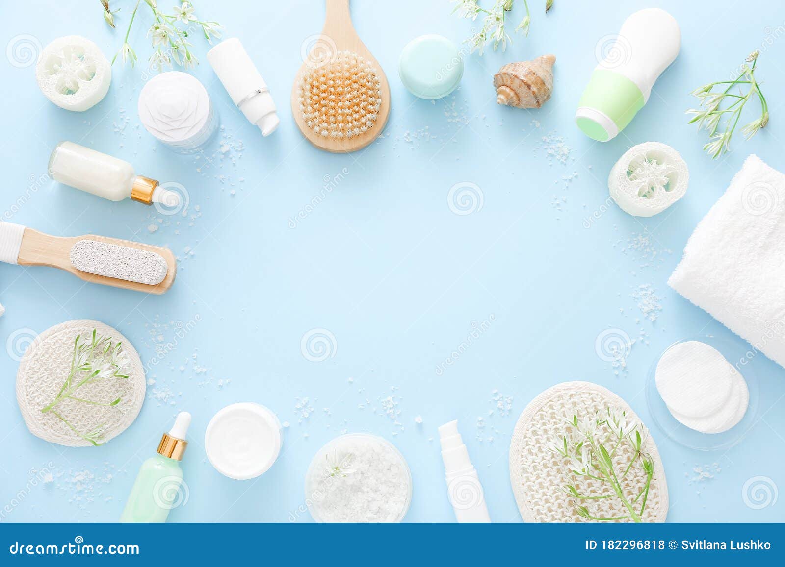 Top View of Natural Skincare and Spa Cosmetic Products on Blue Background.  Beauty Concept Stock Photo - Image of blogger, organic: 182296818