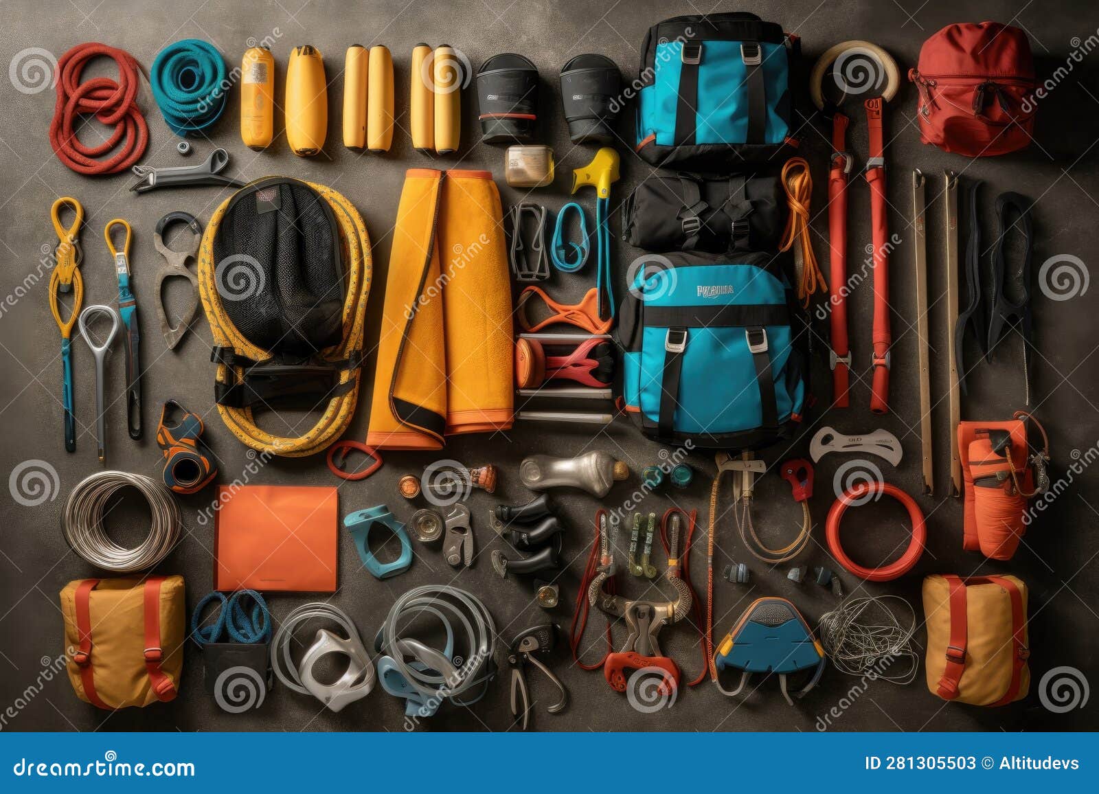 Top View of a Neatly Organized Climbing Gear Set Stock Illustration