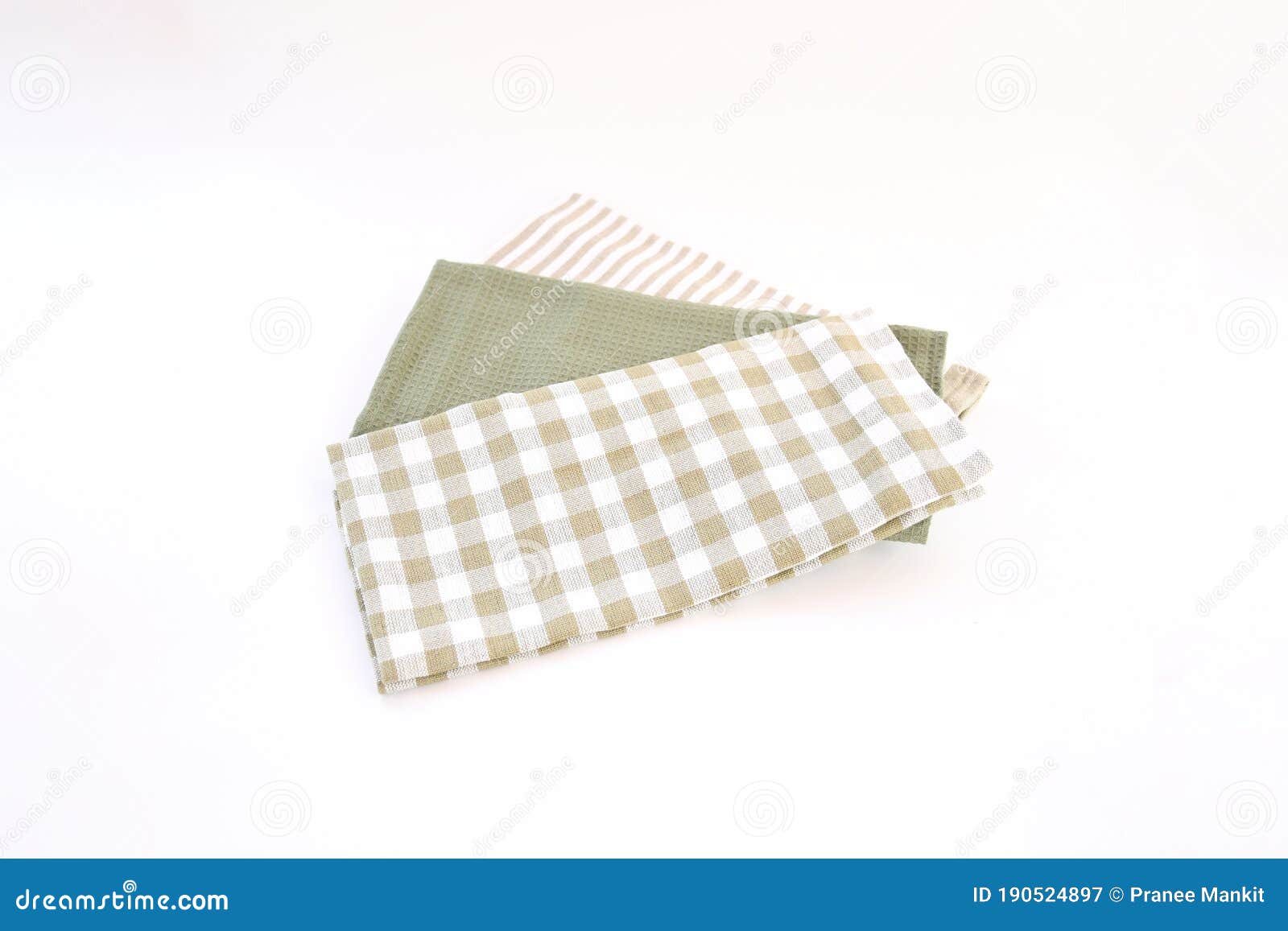 top view new kitchen towels in green olives strip and white color simple pattern in differnet style on white background .equipment