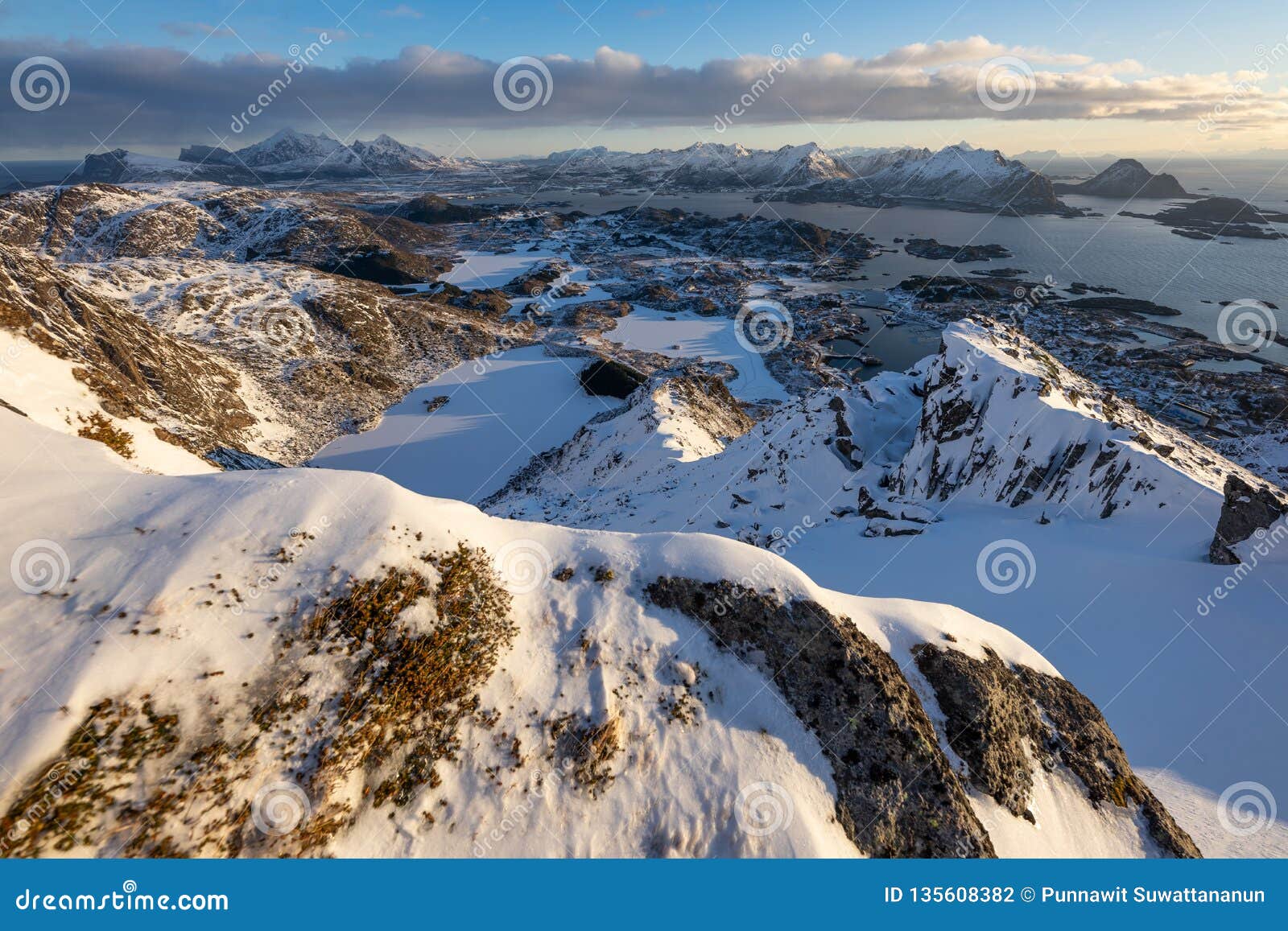 top view of nonstinden mountain in lofoten archipelago in winter season, norway, scandinavia