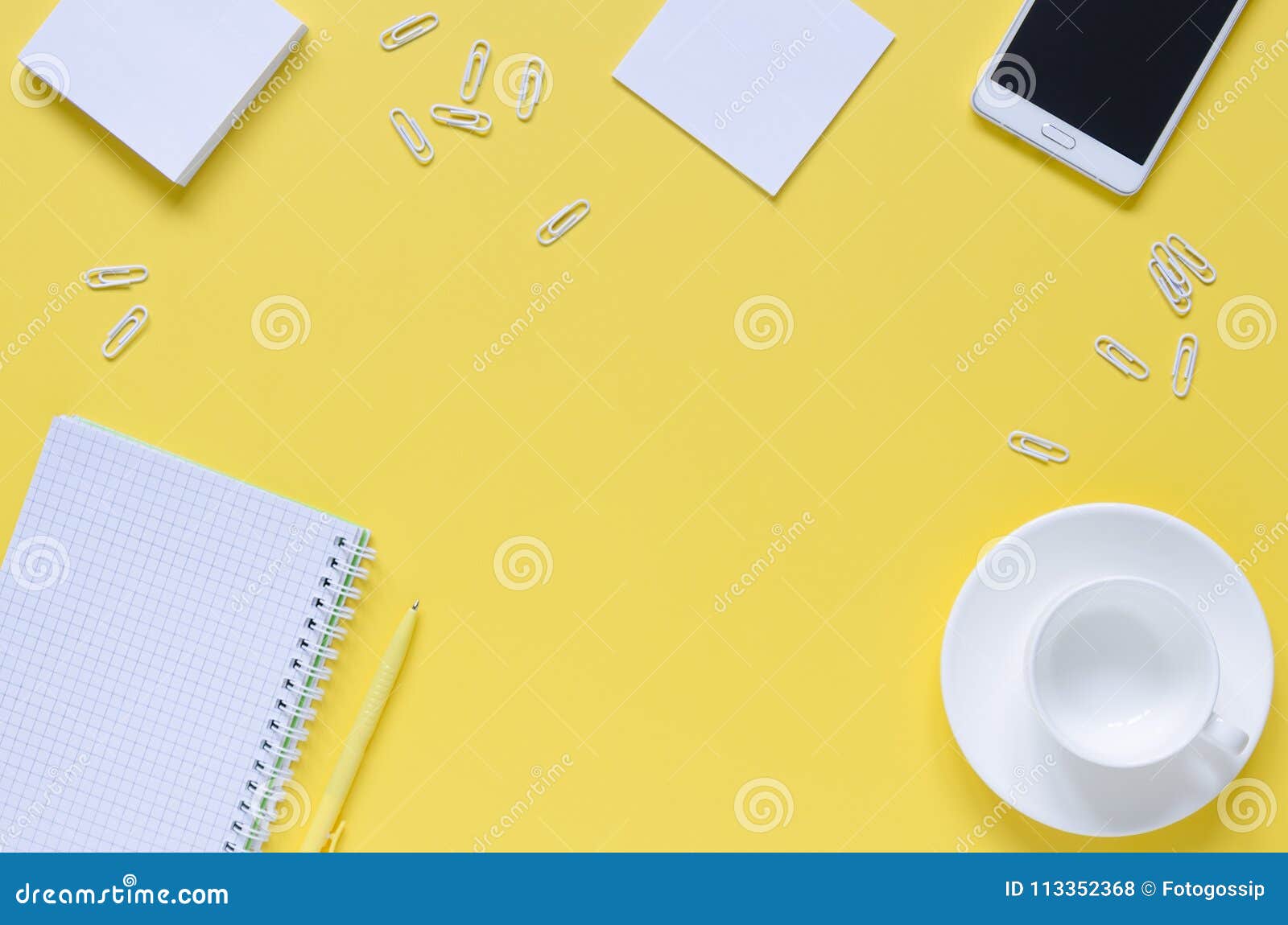 Top View Office Desk With Notepads Phone Paper For Notes Coffee