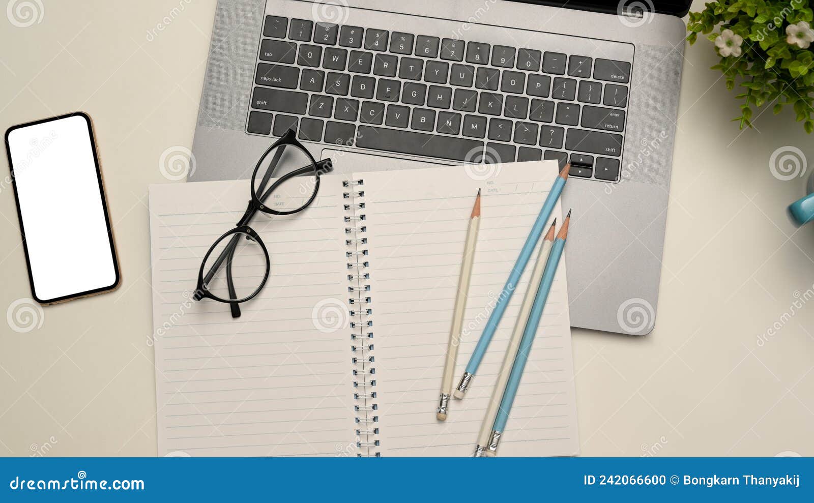 Top View Office Desk or Study Table with Accessories on White