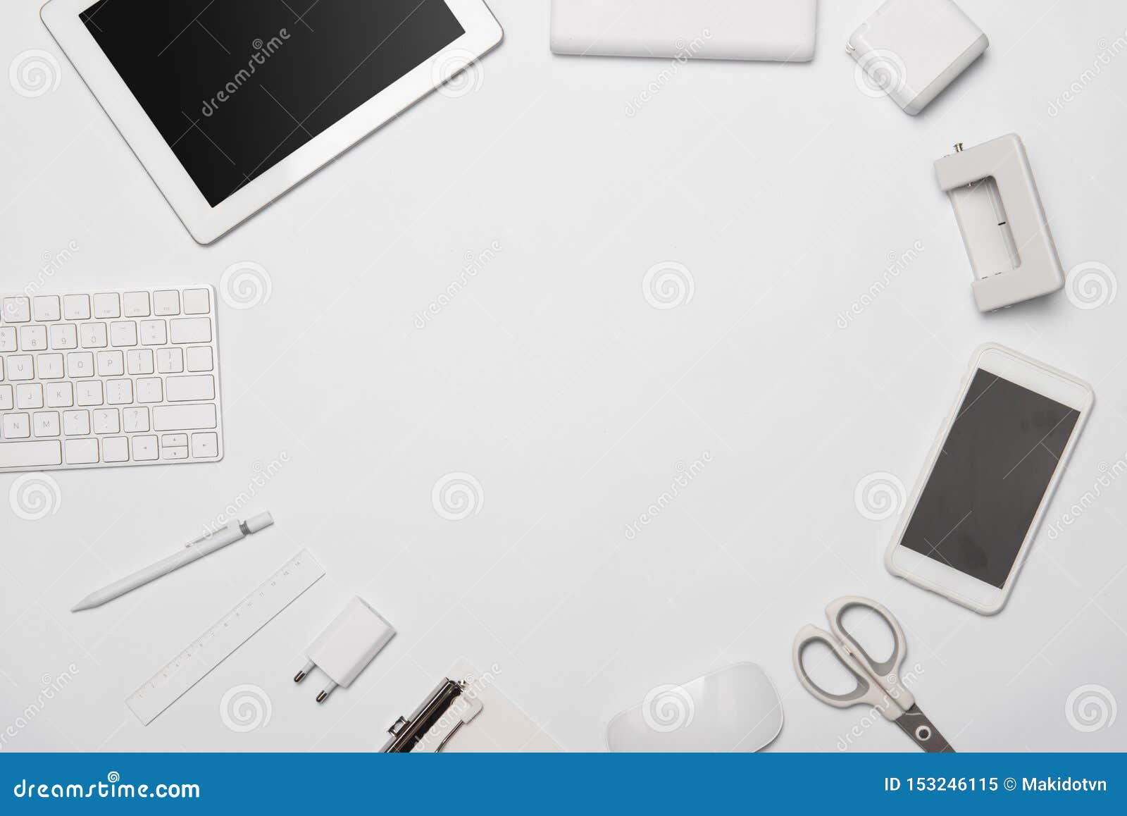 Mix Of Office Supplies And Gadgets On White Background Stock Photo, Picture  and Royalty Free Image. Image 127239654.