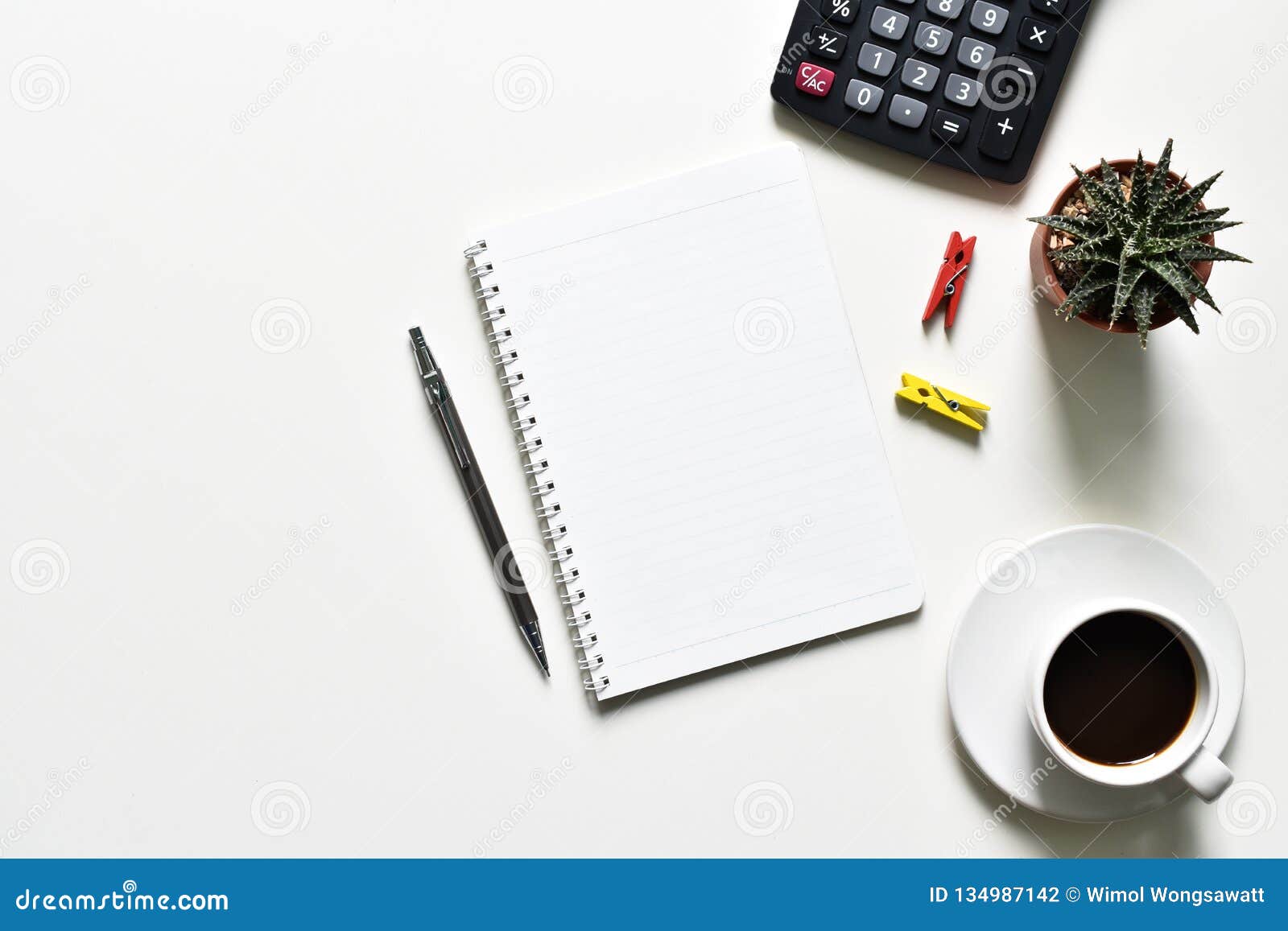 Top view office table stock photo. Image of think, cactus 134987142