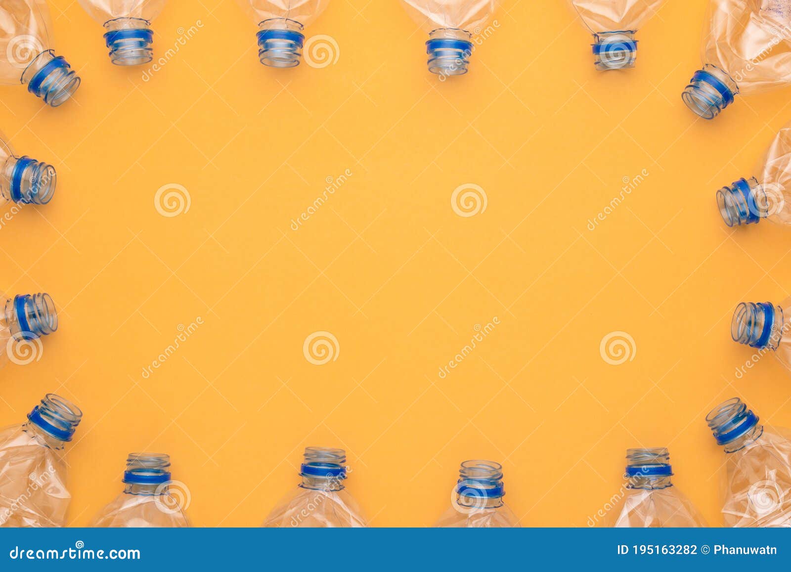 Top View Old Clear Plastic Water Bottle on Yellow Stock Photo Image
