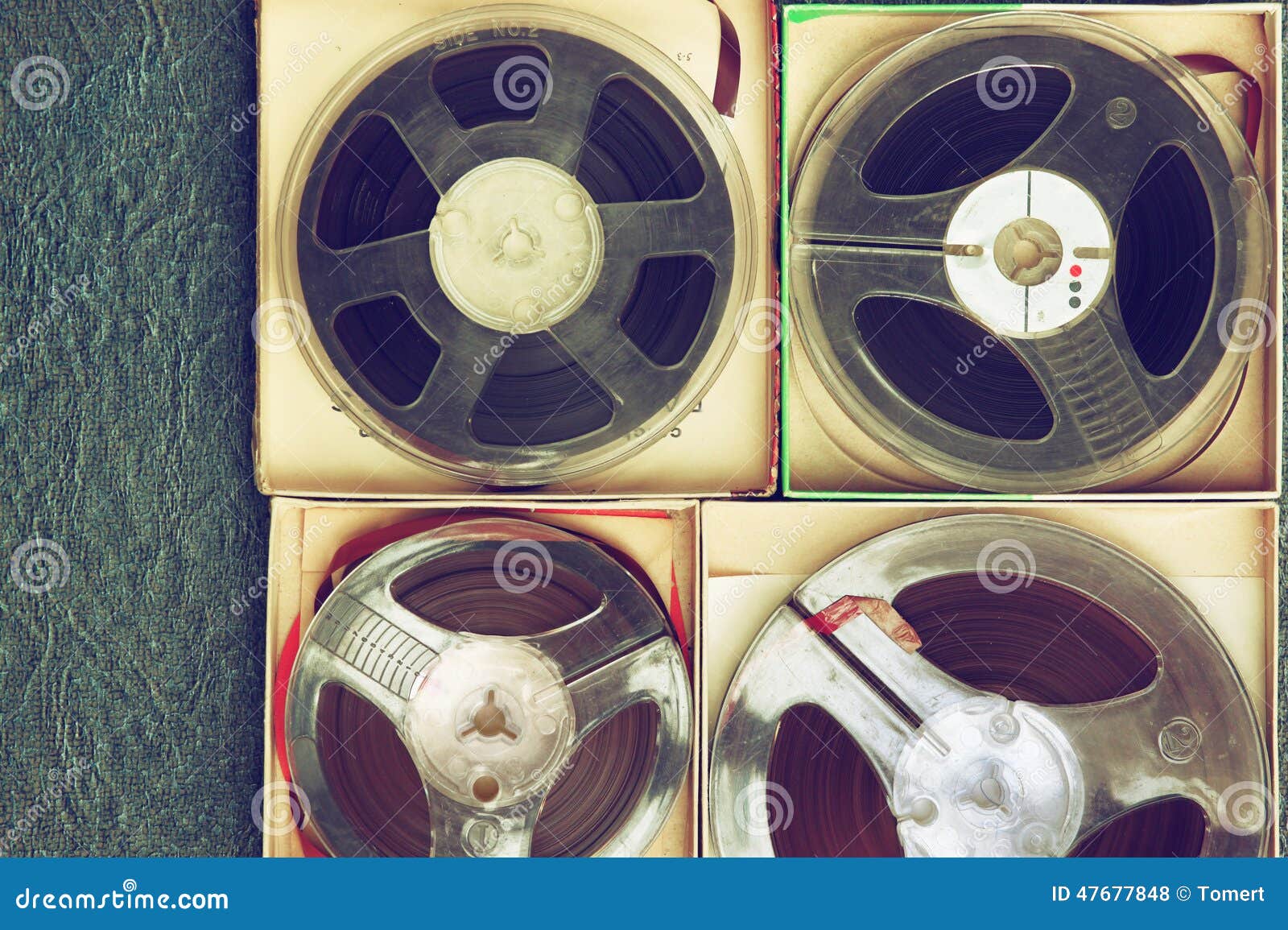 Top View of Old Sound Recording Tape, Reel To Reel Type and Box